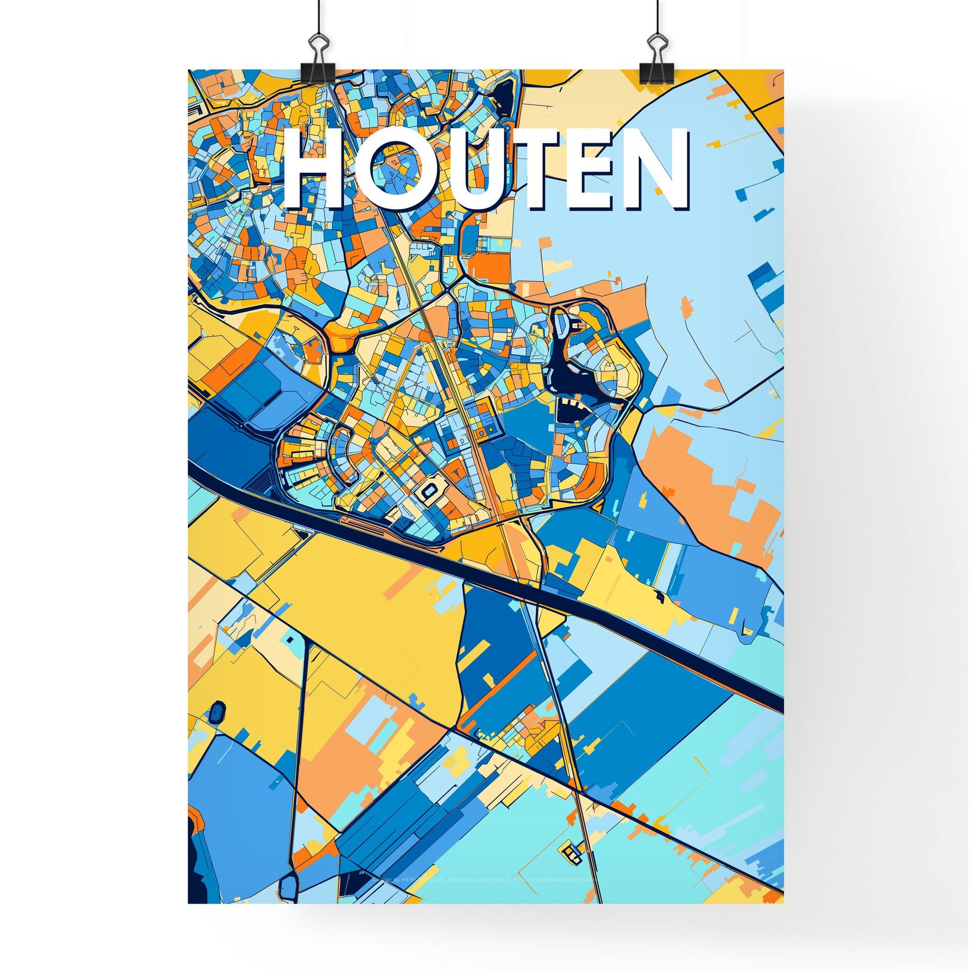 HOUTEN NETHERLANDS Vibrant Colorful Art Map Poster Blue Orange