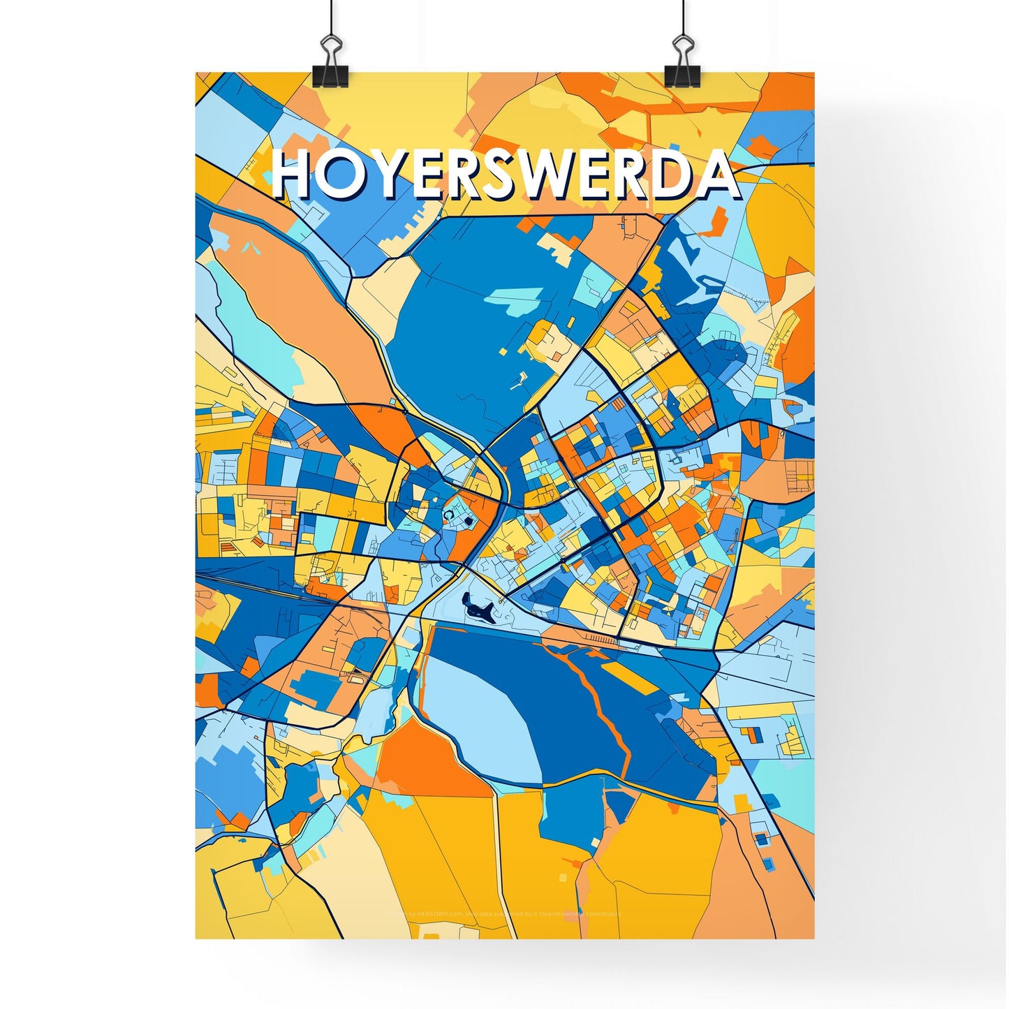 HOYERSWERDA GERMANY Vibrant Colorful Art Map Poster Blue Orange