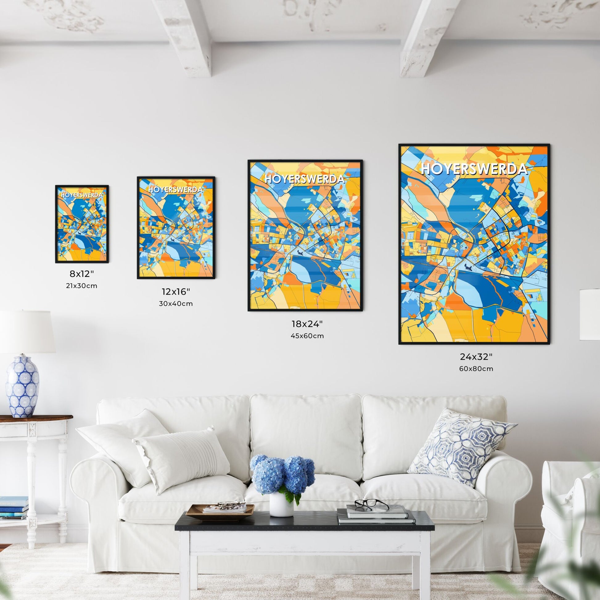 HOYERSWERDA GERMANY Vibrant Colorful Art Map Poster Blue Orange