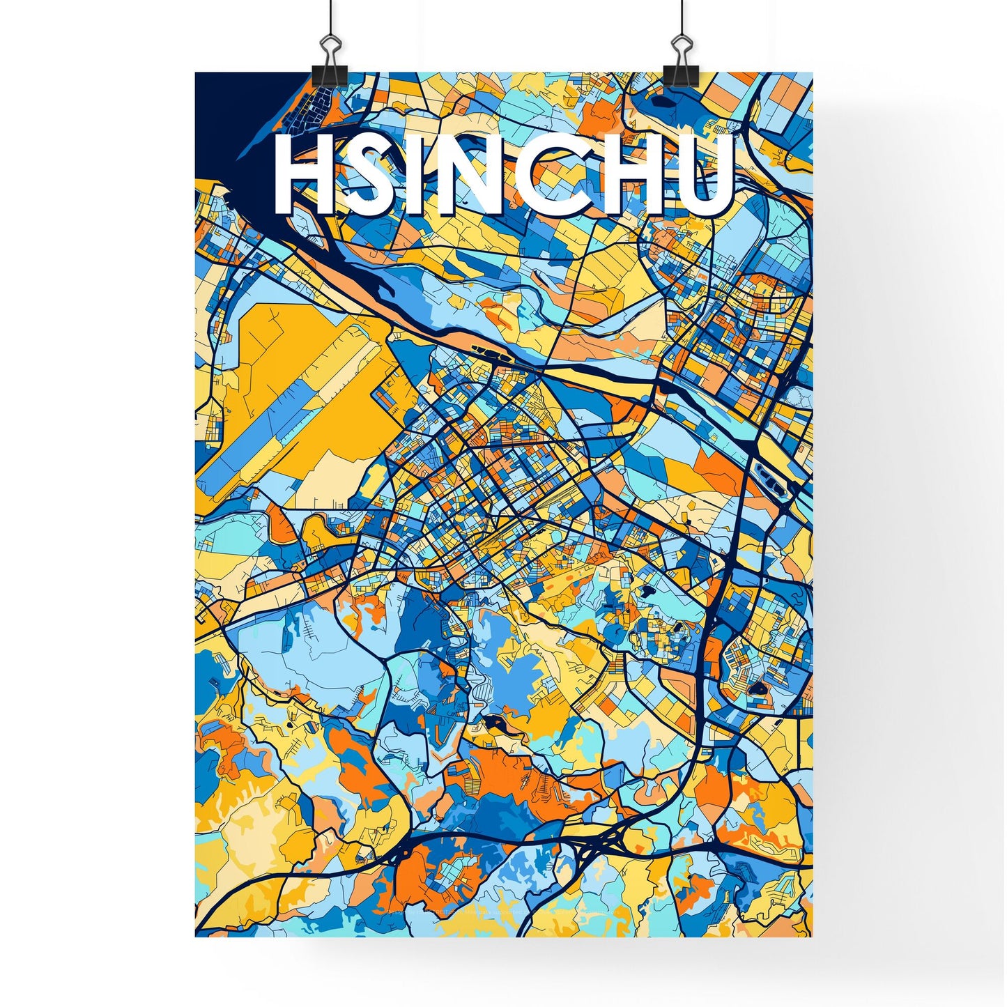 HSINCHU TAIWAN Vibrant Colorful Art Map Poster Blue Orange