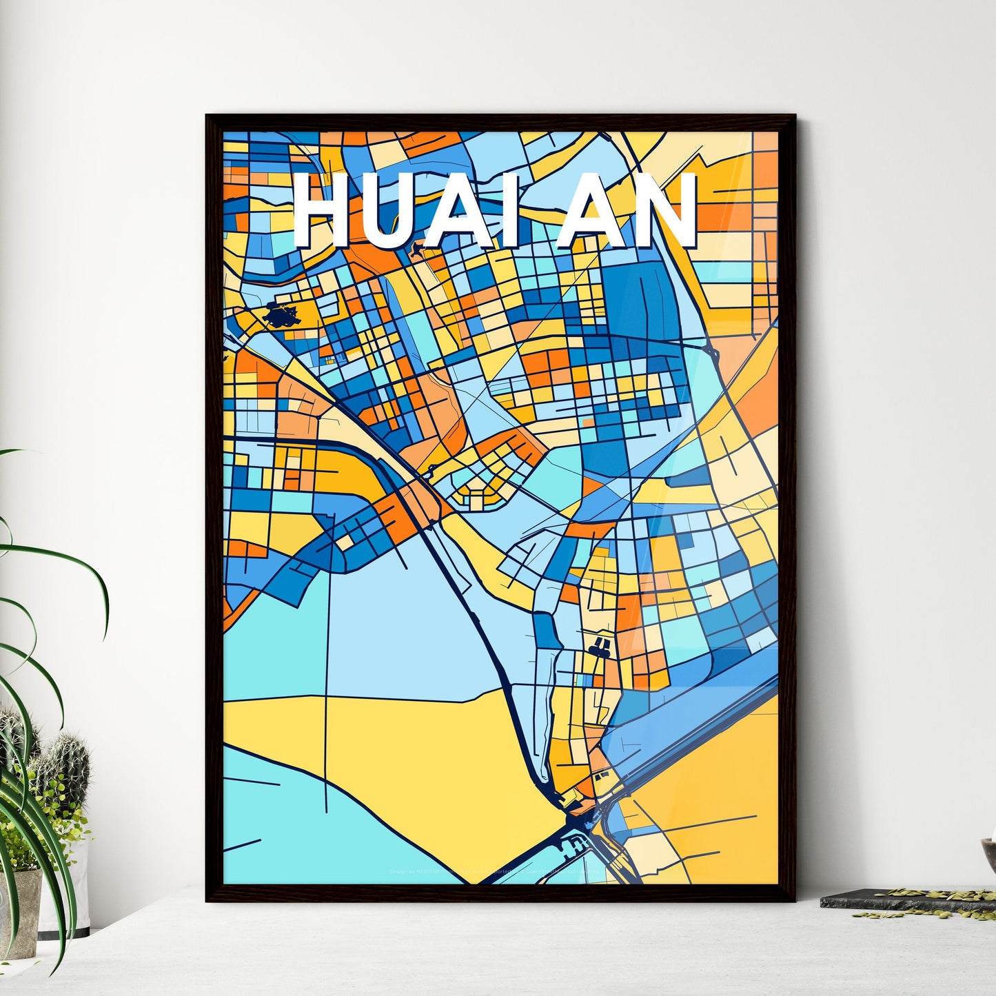 HUAI AN CHINA Vibrant Colorful Art Map Poster Blue Orange