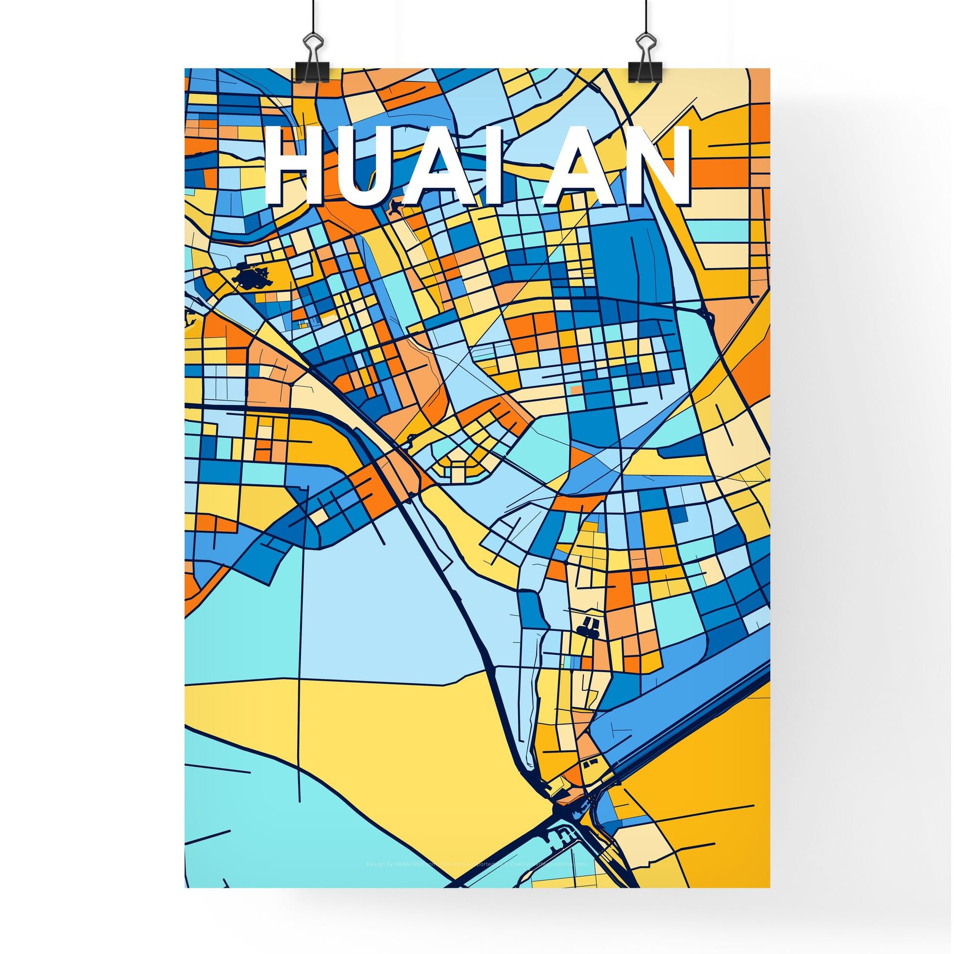 HUAI AN CHINA Vibrant Colorful Art Map Poster Blue Orange