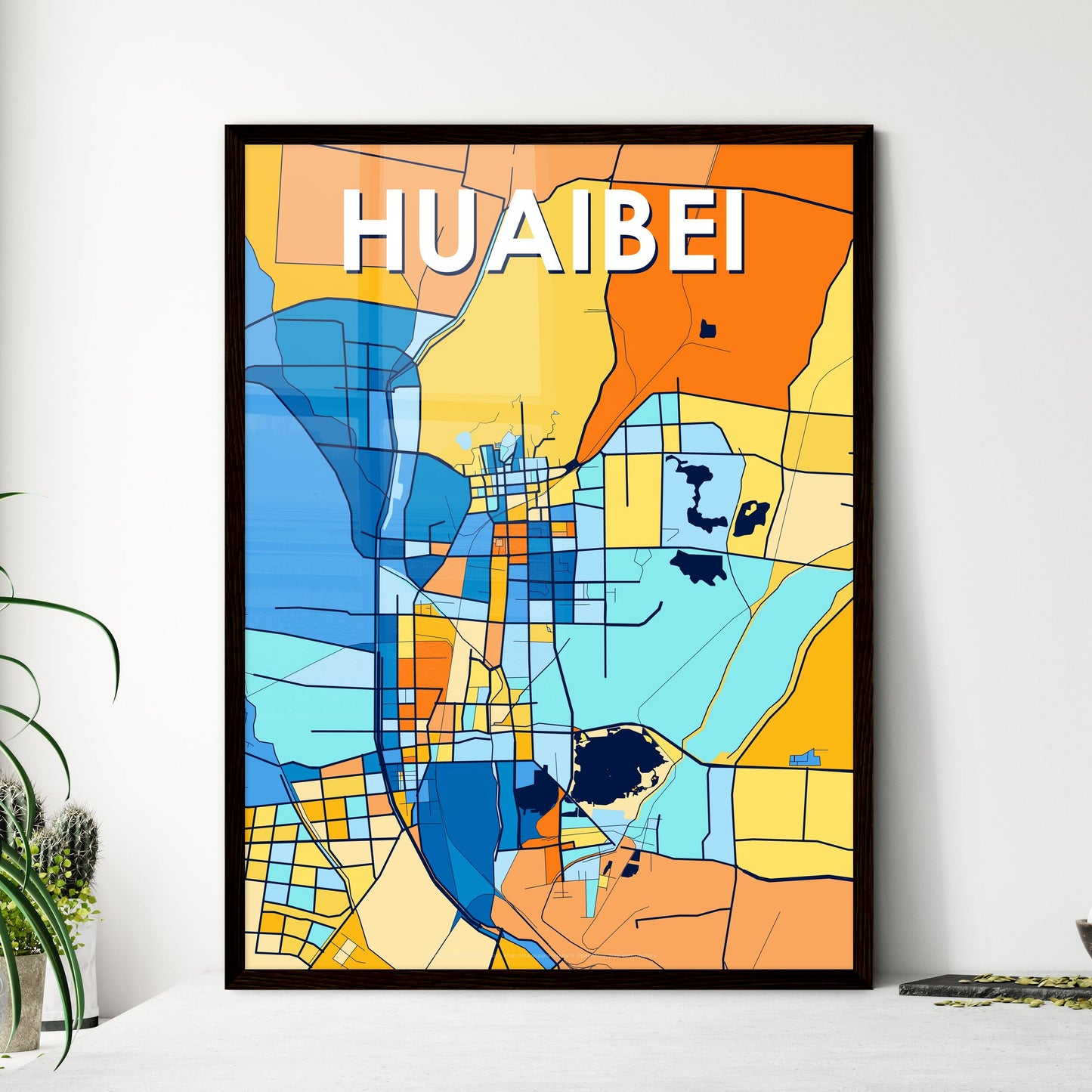 HUAIBEI CHINA Vibrant Colorful Art Map Poster Blue Orange