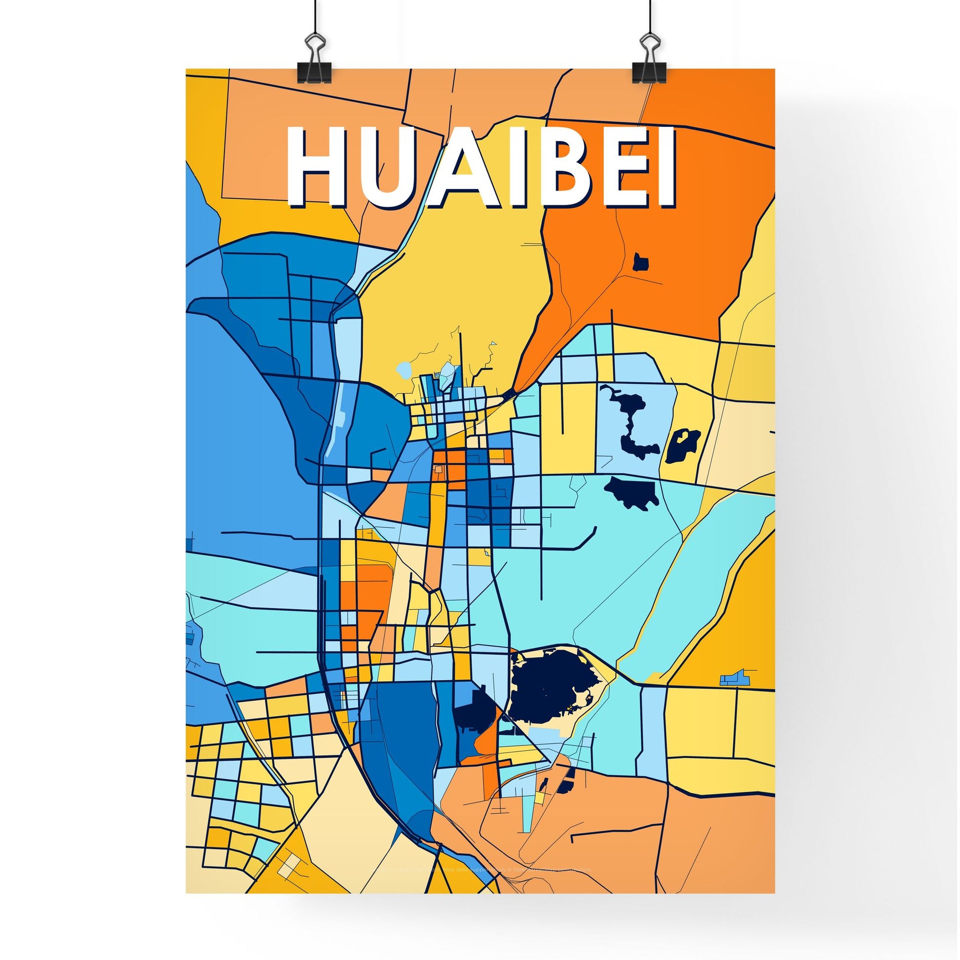 HUAIBEI CHINA Vibrant Colorful Art Map Poster Blue Orange