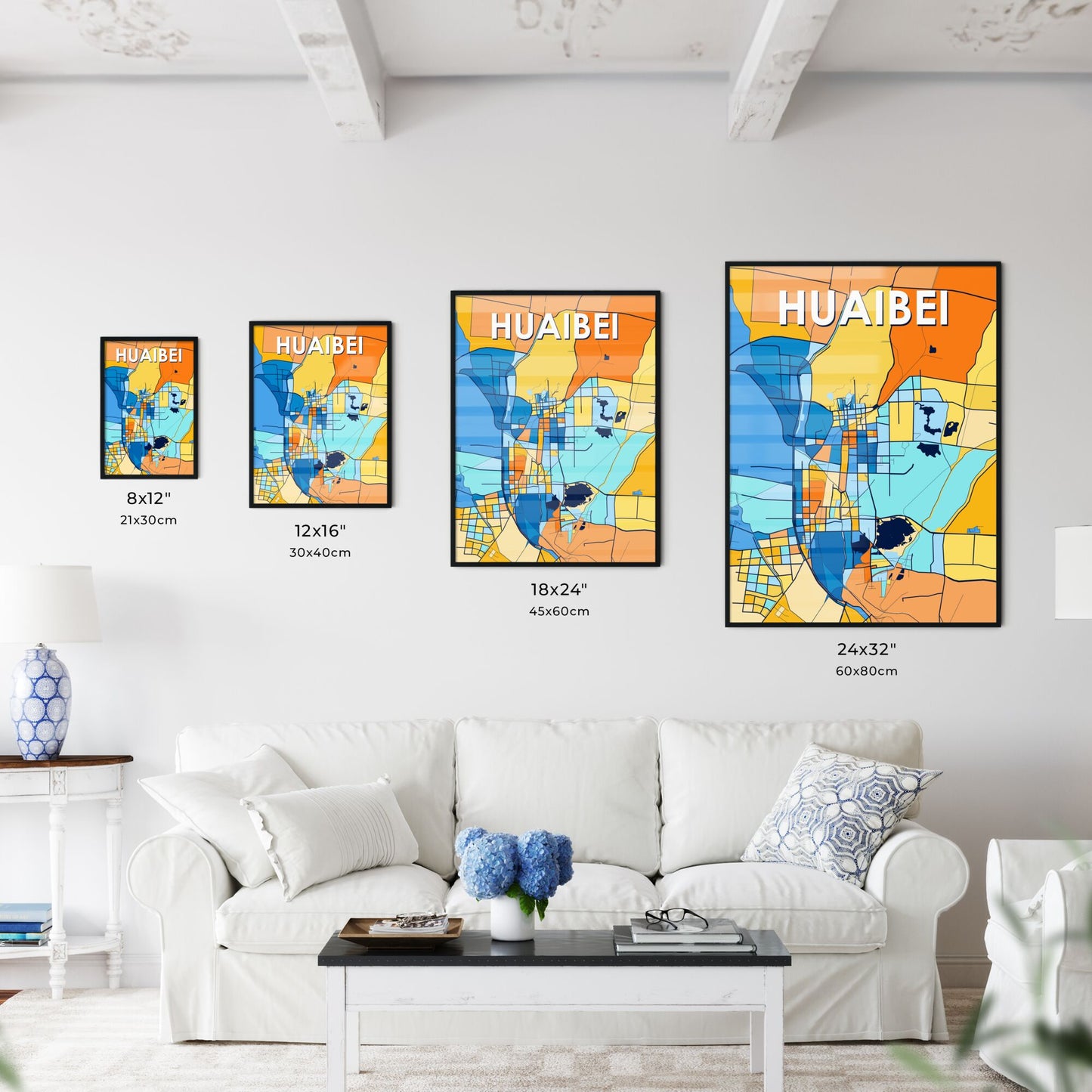 HUAIBEI CHINA Vibrant Colorful Art Map Poster Blue Orange