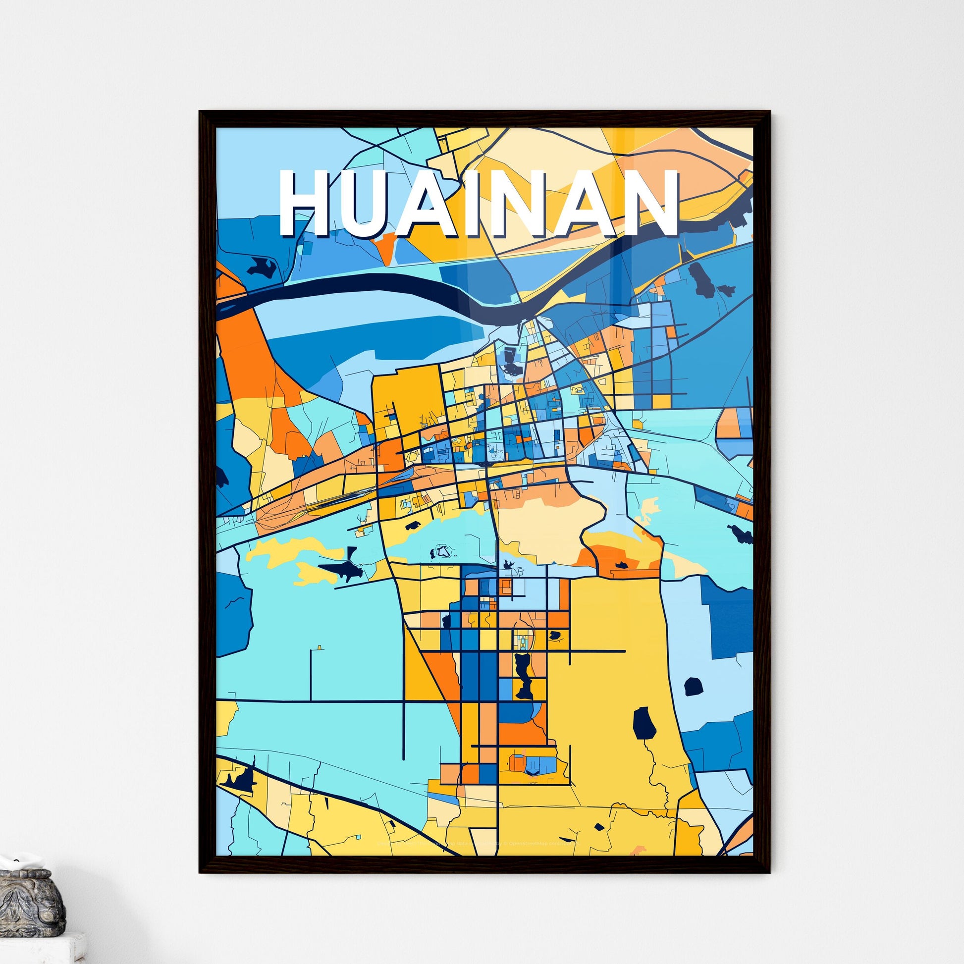 HUAINAN CHINA Vibrant Colorful Art Map Poster Blue Orange