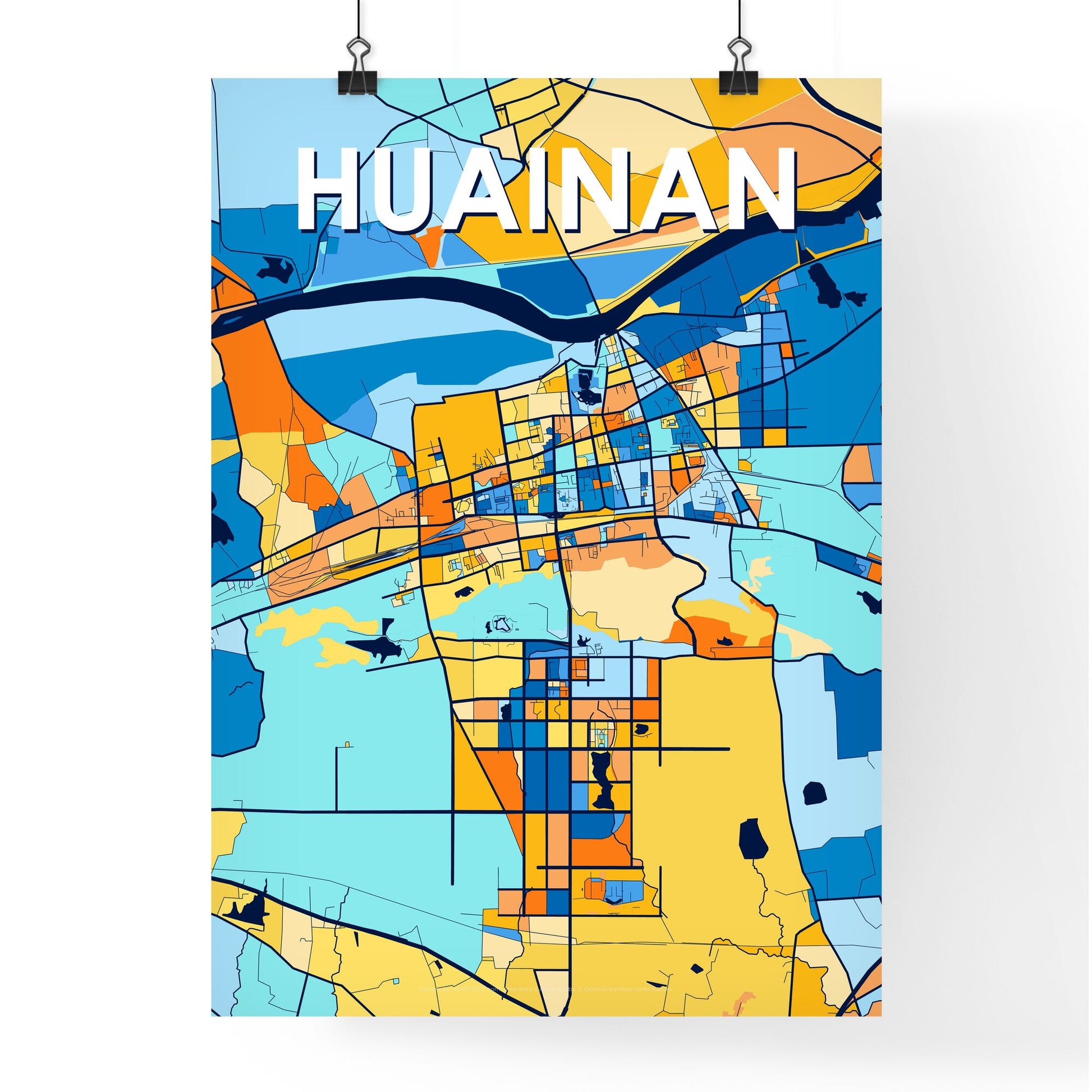 HUAINAN CHINA Vibrant Colorful Art Map Poster Blue Orange