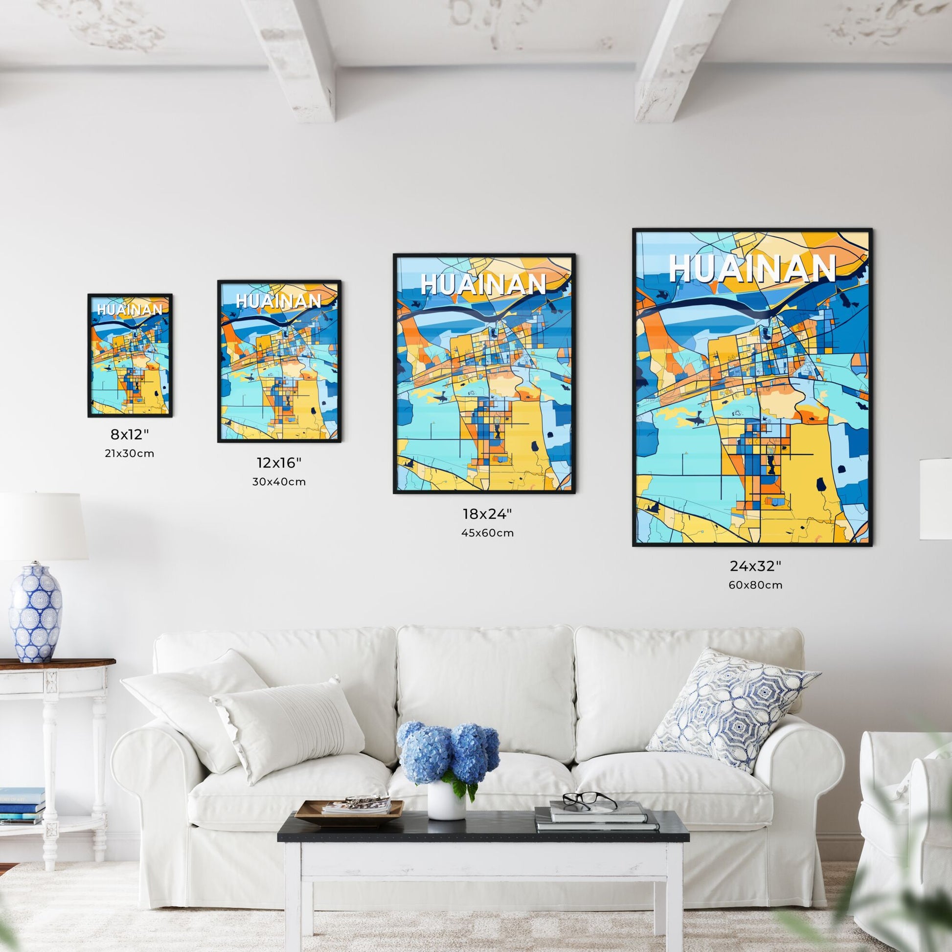 HUAINAN CHINA Vibrant Colorful Art Map Poster Blue Orange