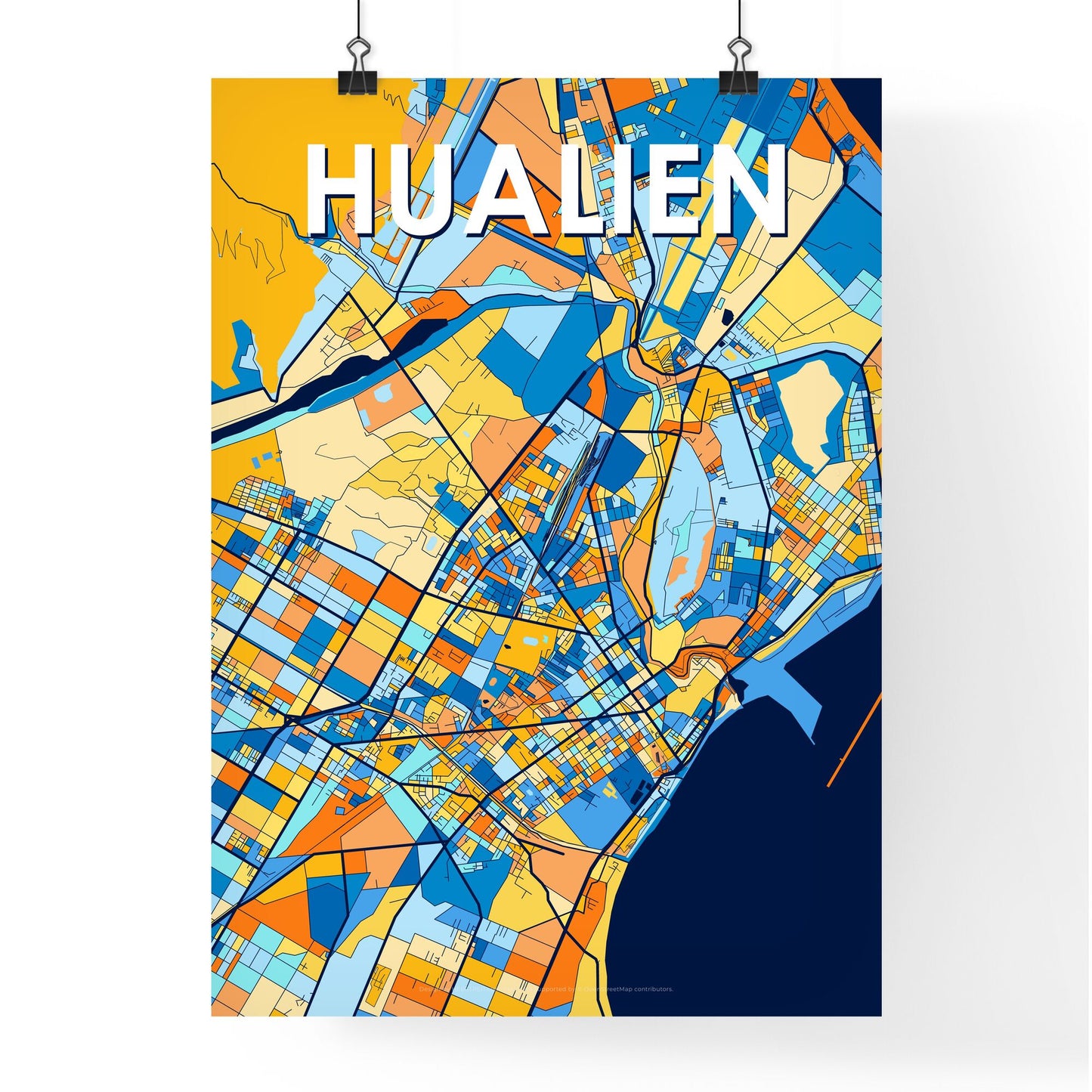 HUALIEN TAIWAN Vibrant Colorful Art Map Poster Blue Orange