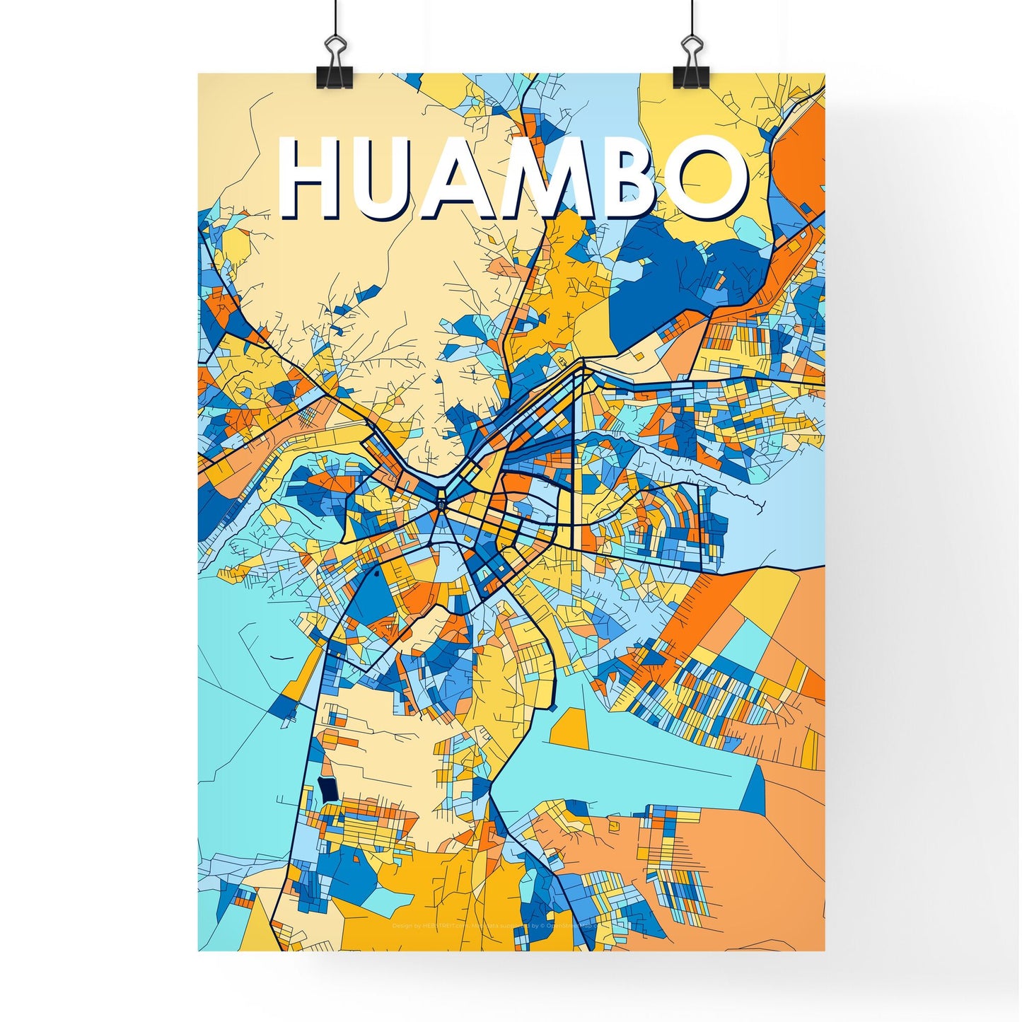 HUAMBO ANGOLA Vibrant Colorful Art Map Poster Blue Orange