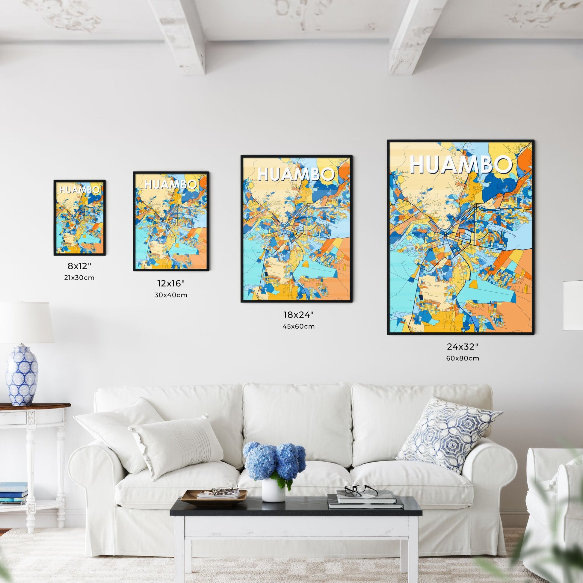 HUAMBO ANGOLA Vibrant Colorful Art Map Poster Blue Orange