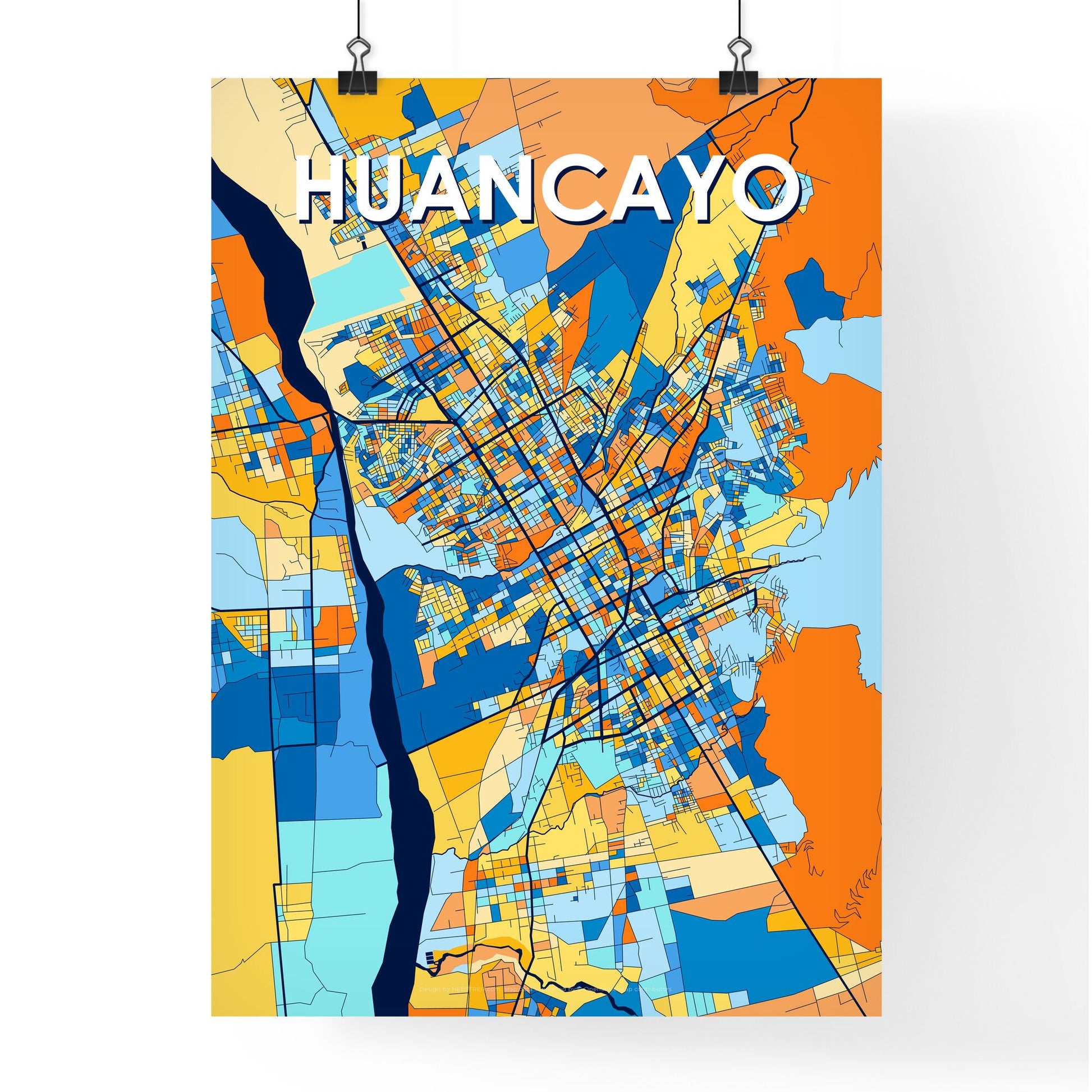 HUANCAYO PERU Vibrant Colorful Art Map Poster Blue Orange