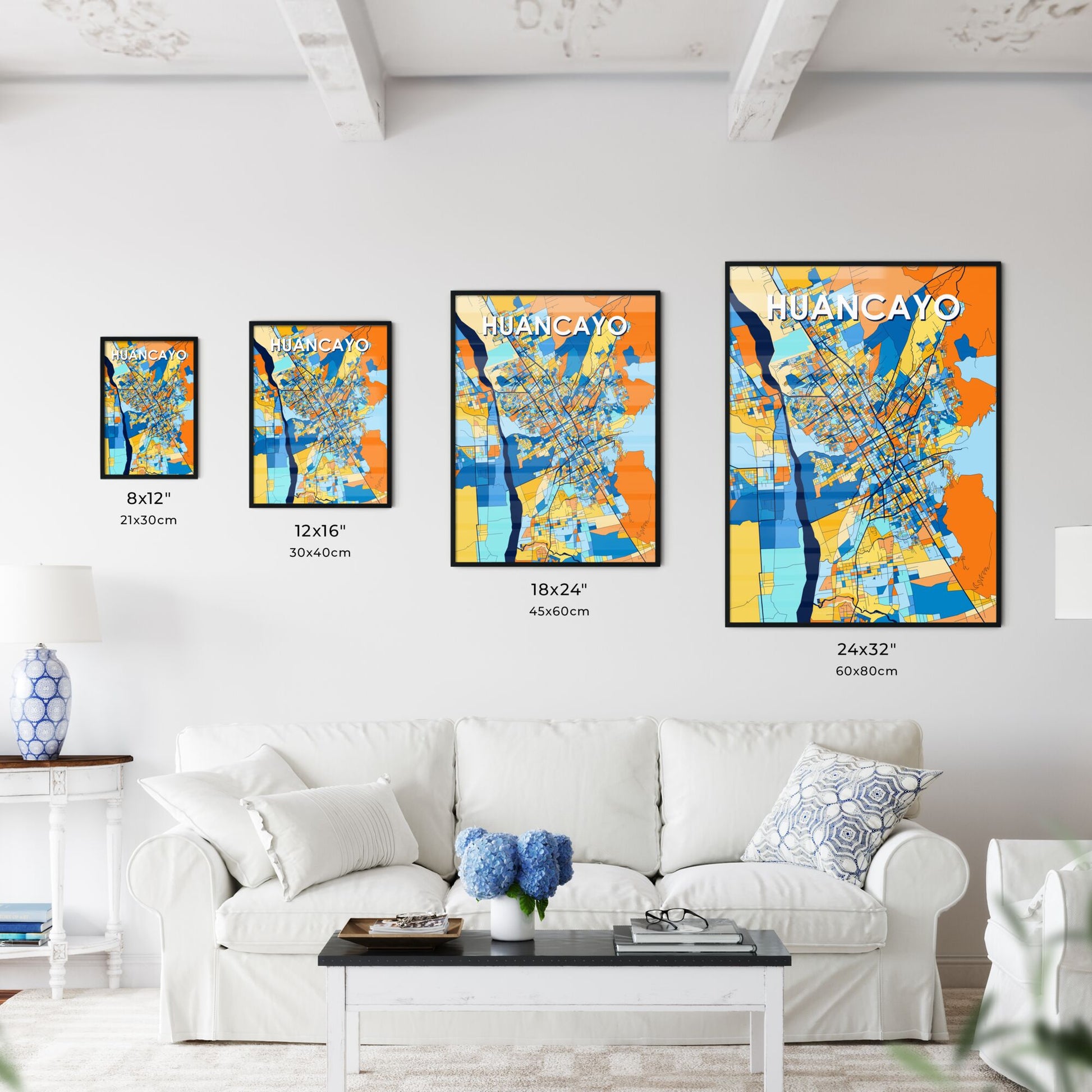 HUANCAYO PERU Vibrant Colorful Art Map Poster Blue Orange