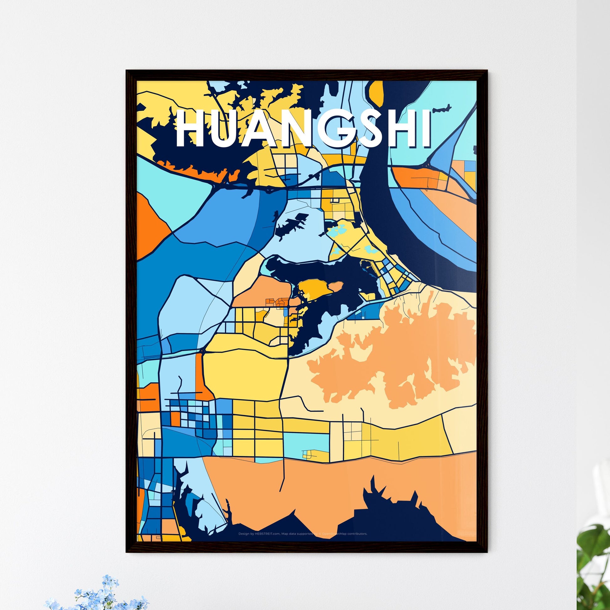 HUANGSHI CHINA Vibrant Colorful Art Map Poster Blue Orange