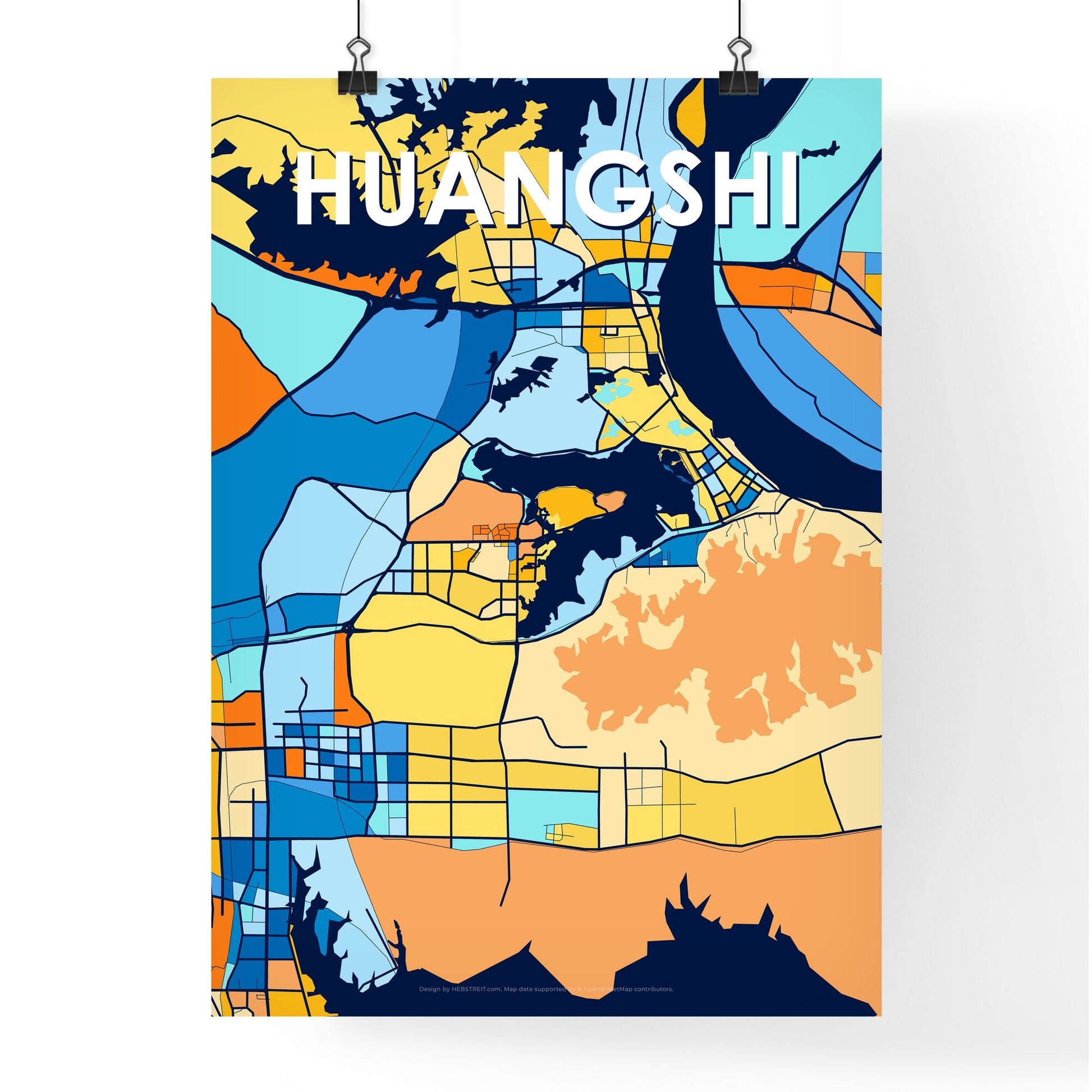 HUANGSHI CHINA Vibrant Colorful Art Map Poster Blue Orange