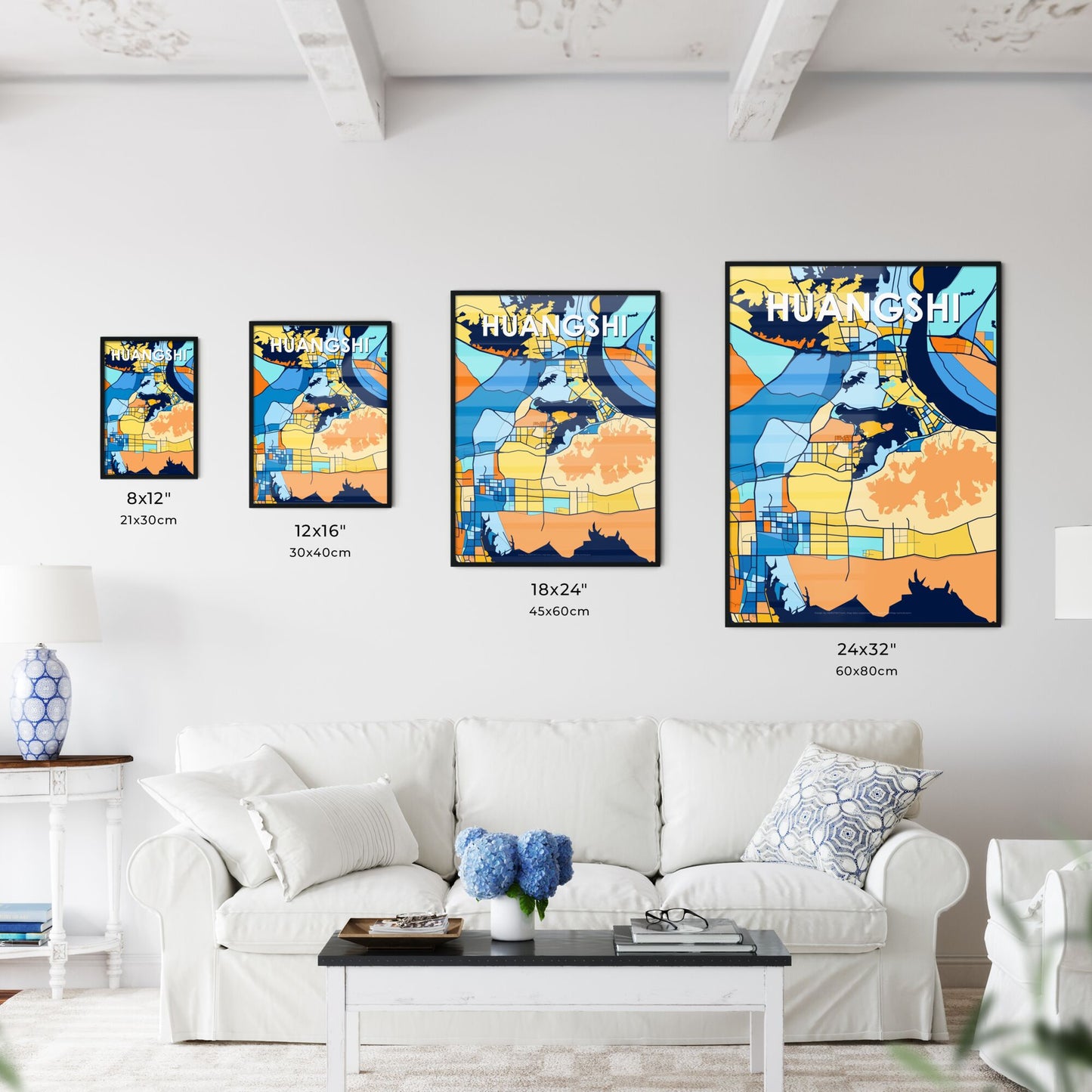 HUANGSHI CHINA Vibrant Colorful Art Map Poster Blue Orange