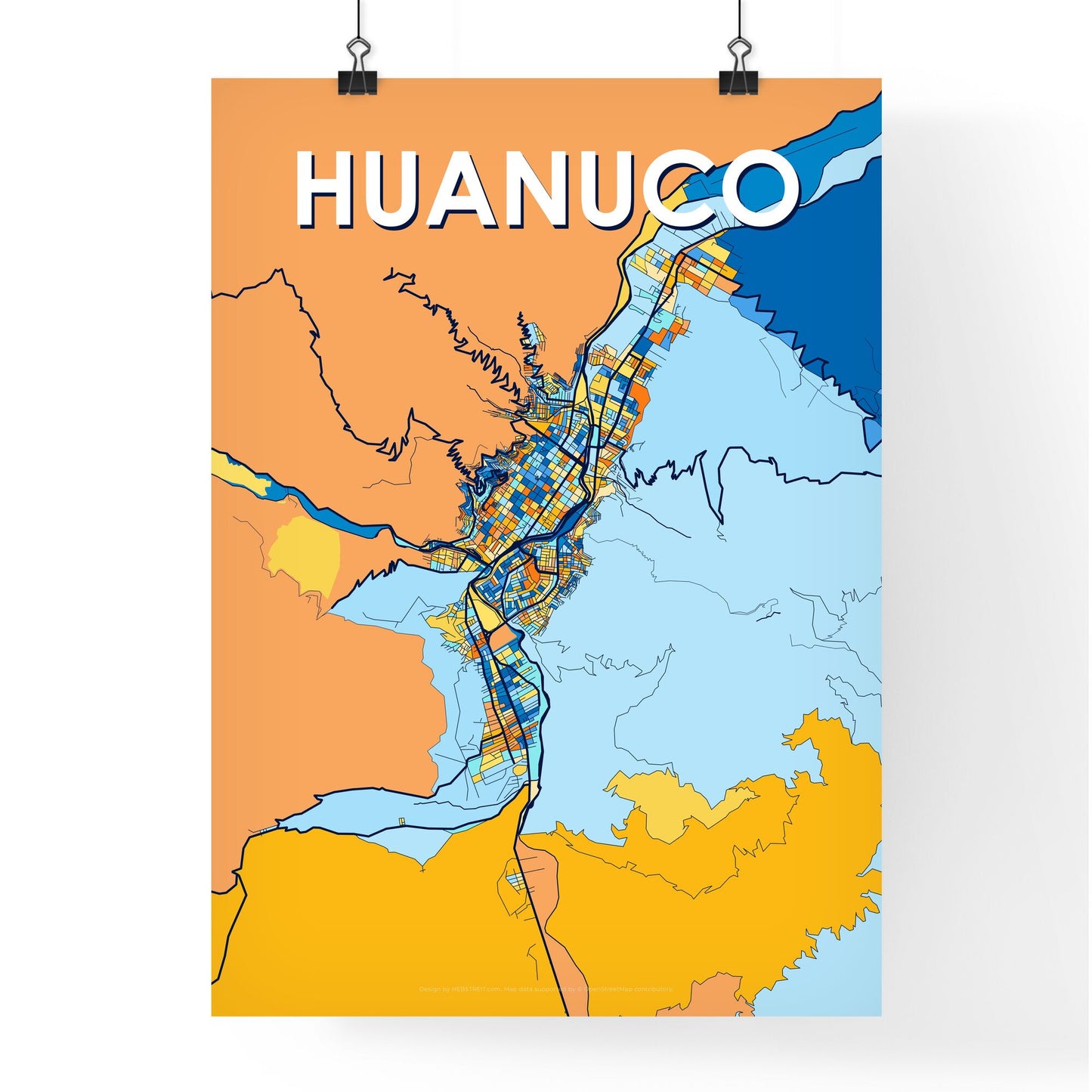 HUANUCO PERU Vibrant Colorful Art Map Poster Blue Orange