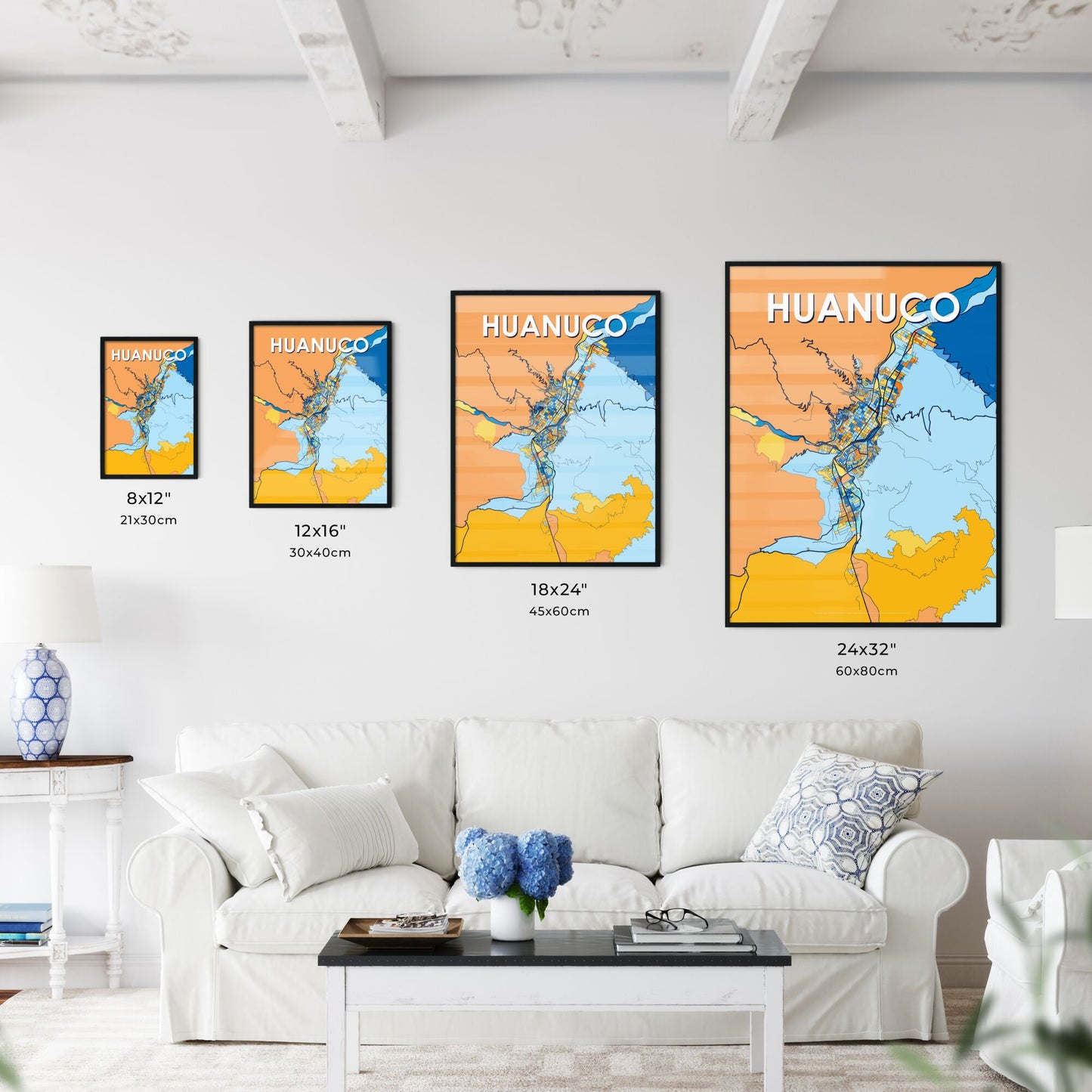 HUANUCO PERU Vibrant Colorful Art Map Poster Blue Orange