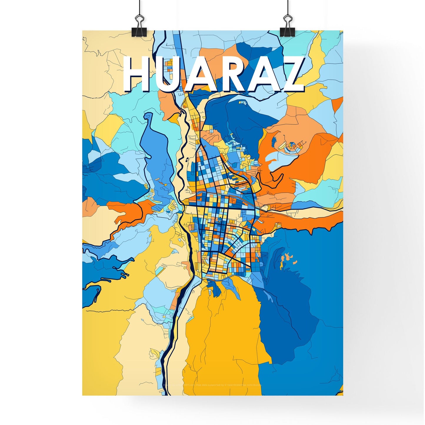 HUARAZ PERU Vibrant Colorful Art Map Poster Blue Orange