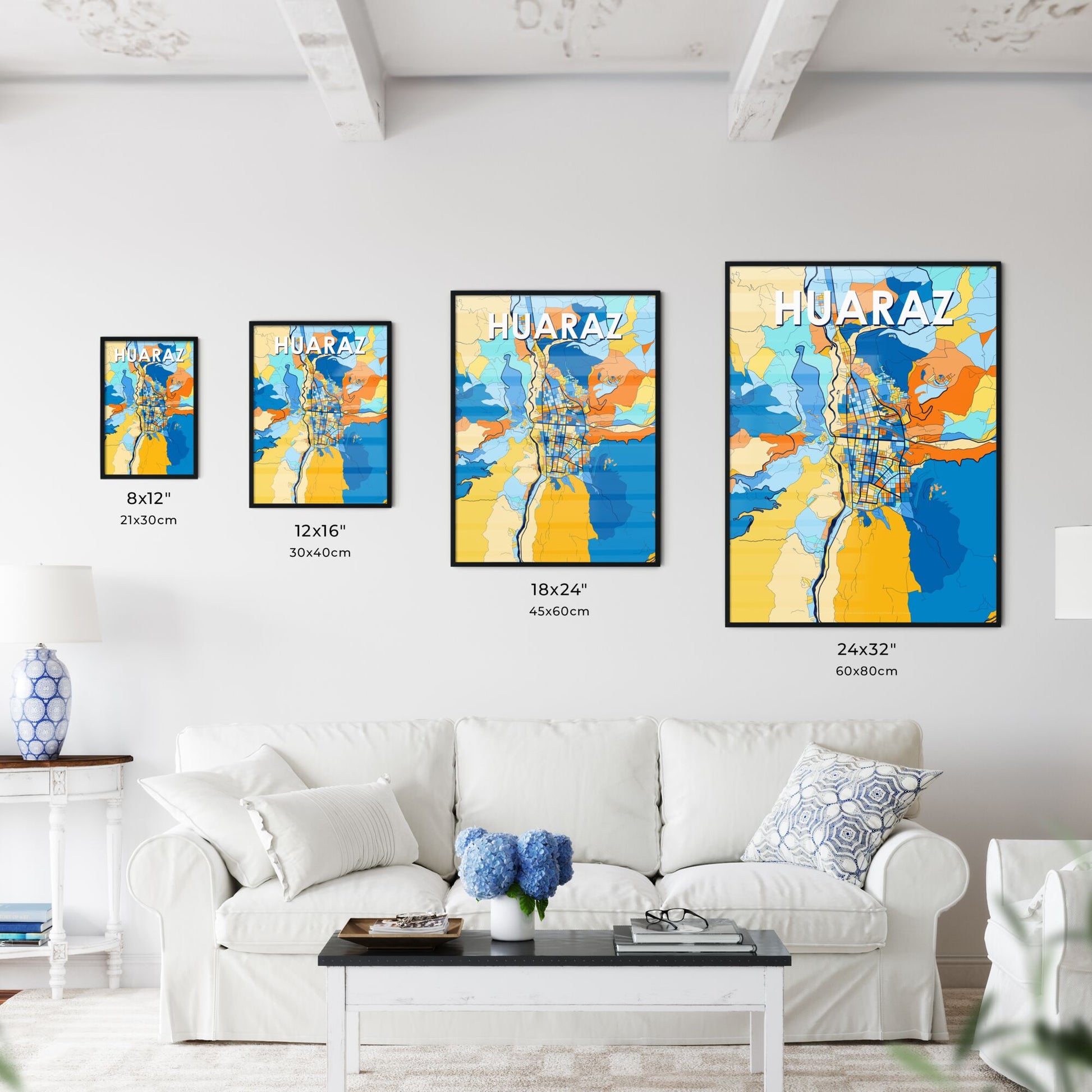 HUARAZ PERU Vibrant Colorful Art Map Poster Blue Orange