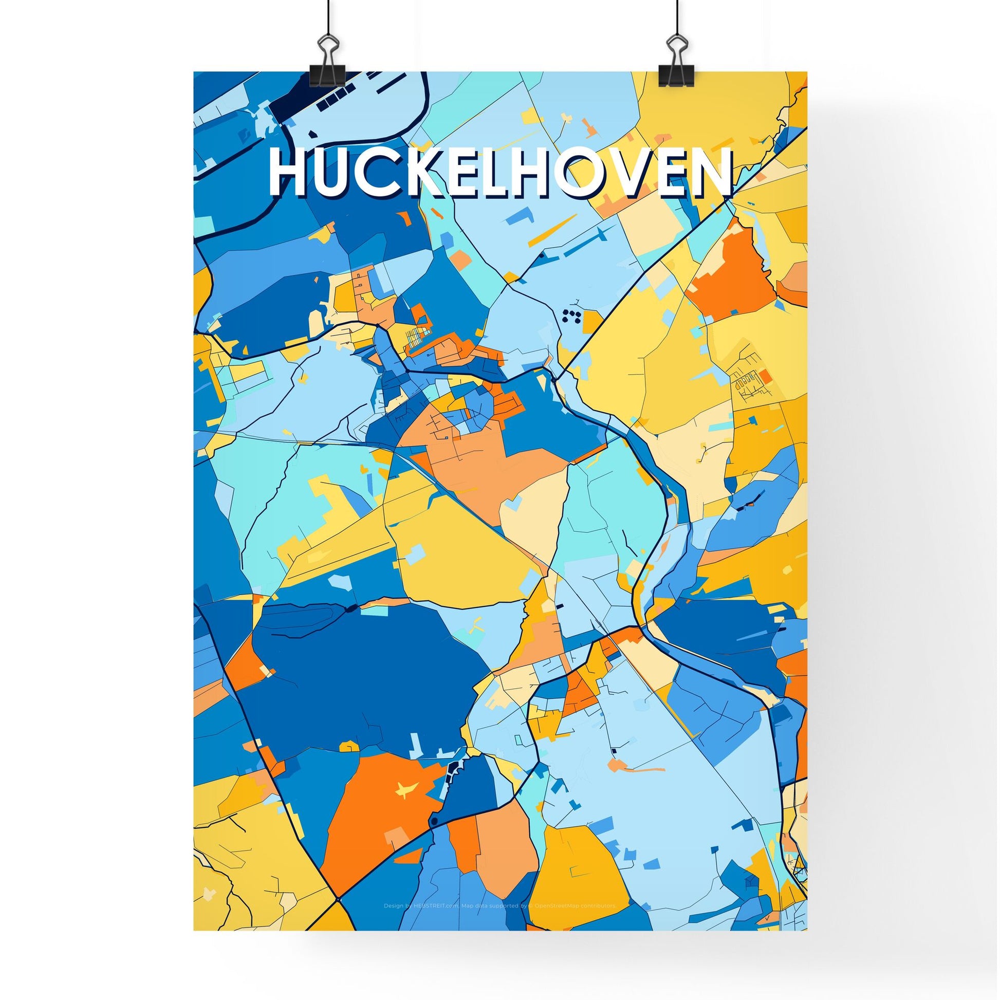 HUCKELHOVEN GERMANY Vibrant Colorful Art Map Poster Blue Orange