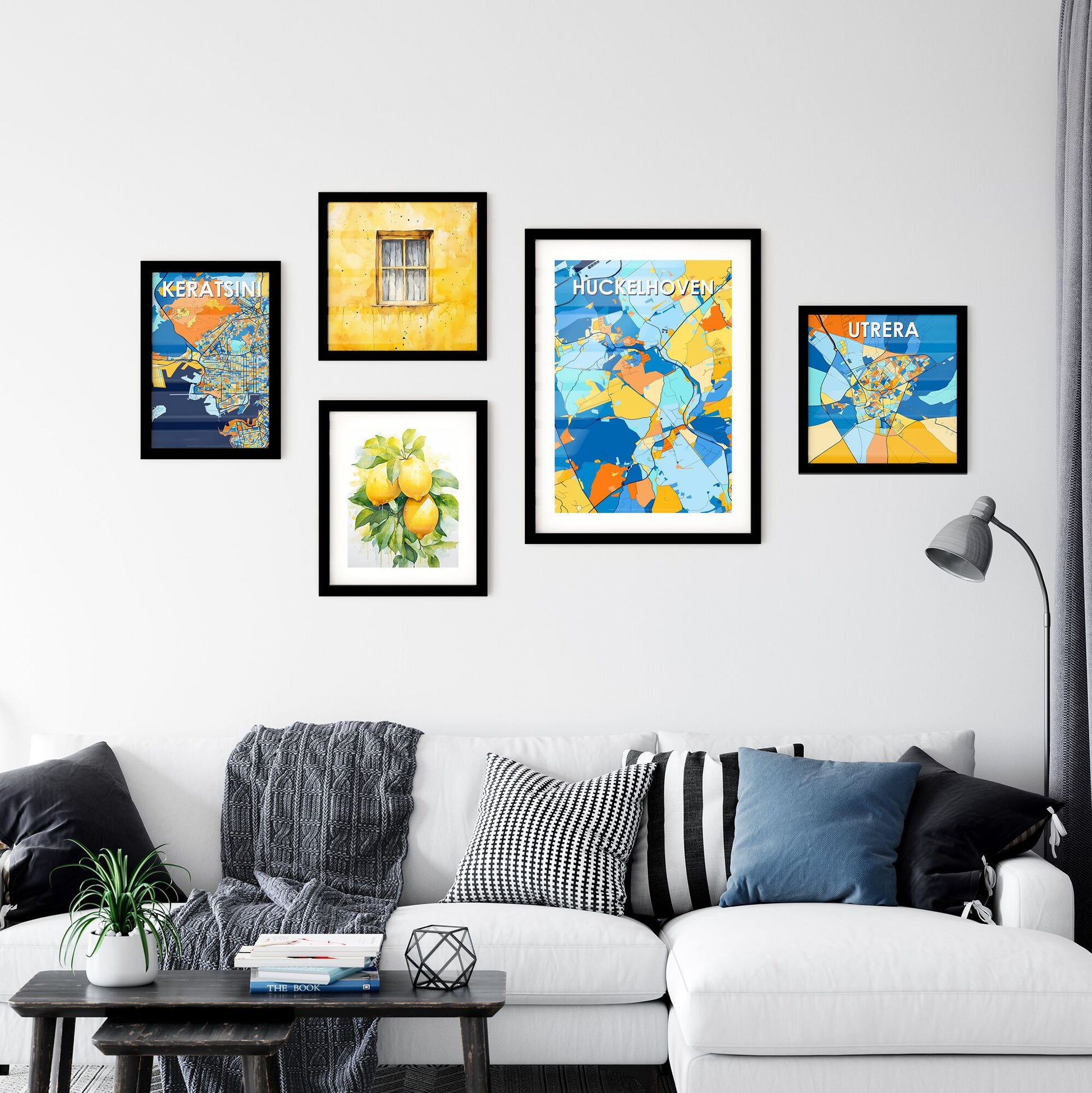 HUCKELHOVEN GERMANY Vibrant Colorful Art Map Poster Blue Orange