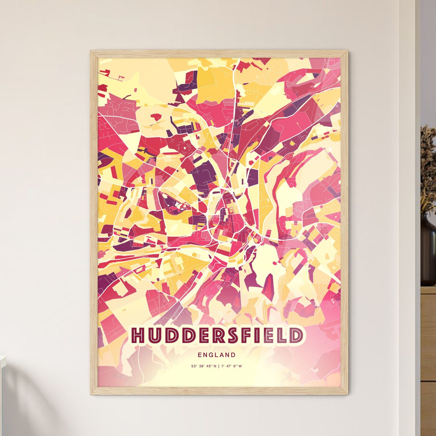 Colorful Huddersfield England Fine Art Map Hot Red