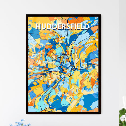 HUDDERSFIELD ENGLAND Vibrant Colorful Art Map Poster Blue Orange