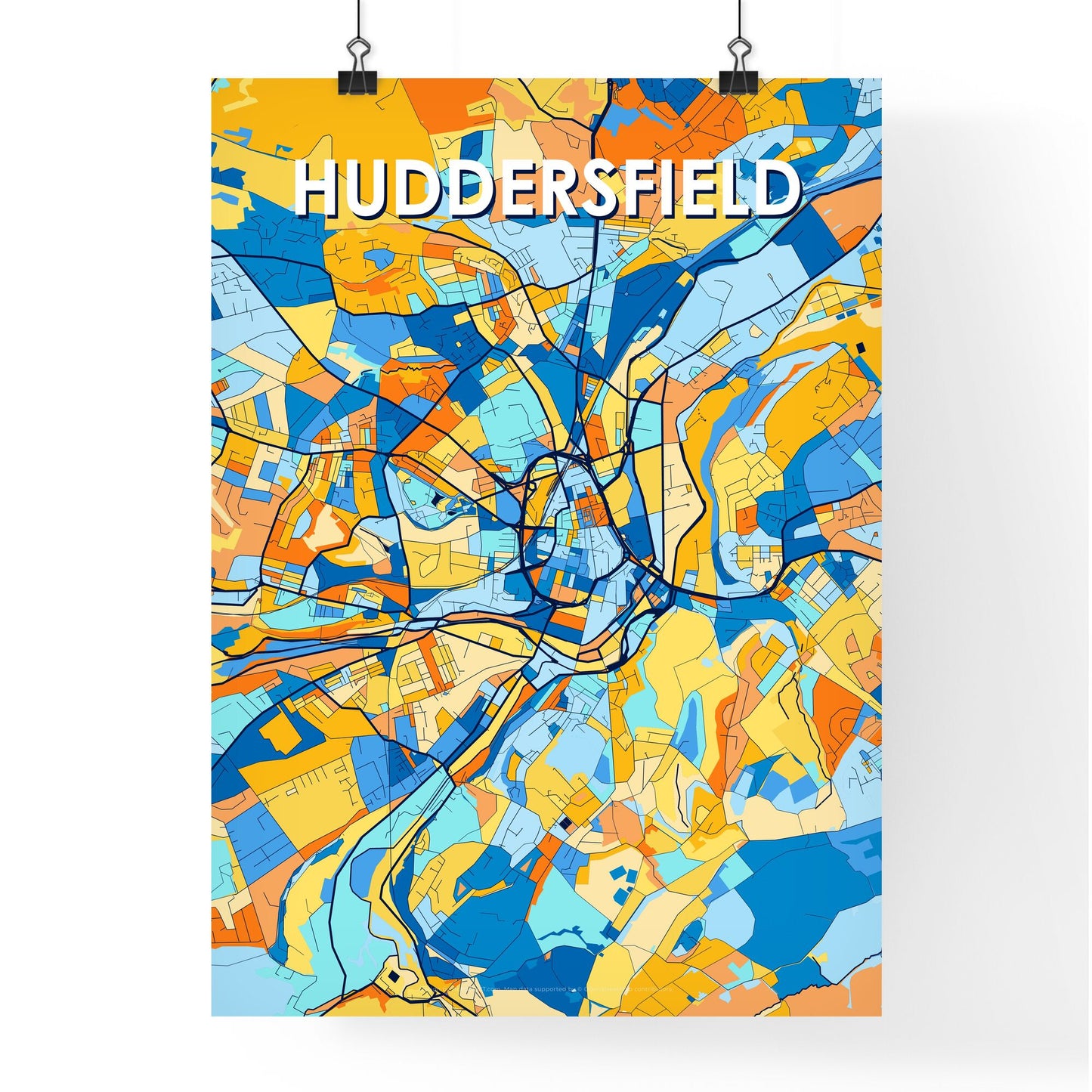 HUDDERSFIELD ENGLAND Vibrant Colorful Art Map Poster Blue Orange