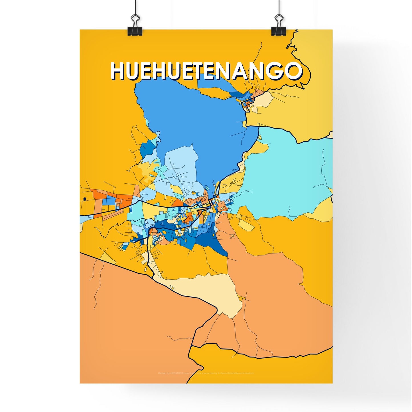 HUEHUETENANGO GUATEMALA Vibrant Colorful Art Map Poster Blue Orange