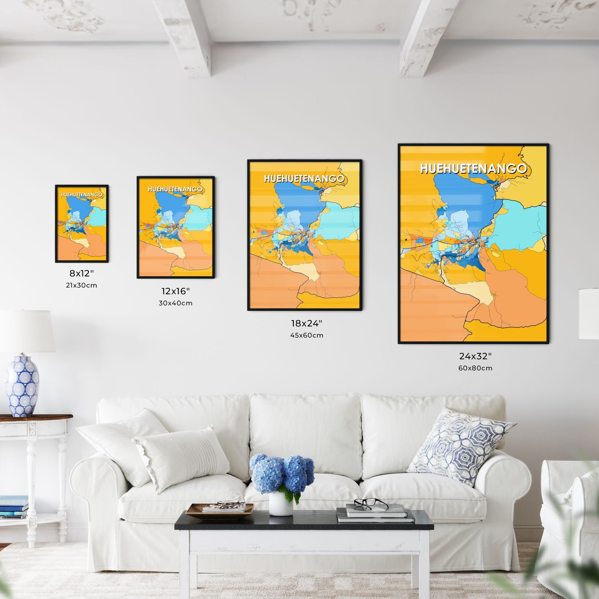 HUEHUETENANGO GUATEMALA Vibrant Colorful Art Map Poster Blue Orange