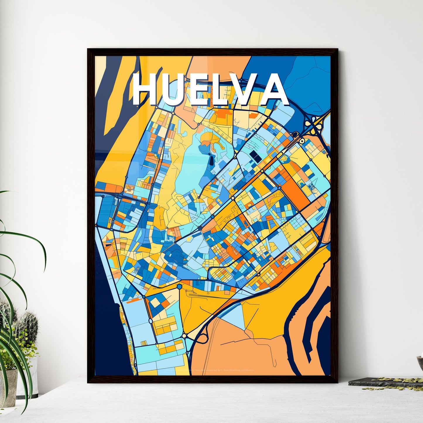 HUELVA SPAIN Vibrant Colorful Art Map Poster Blue Orange