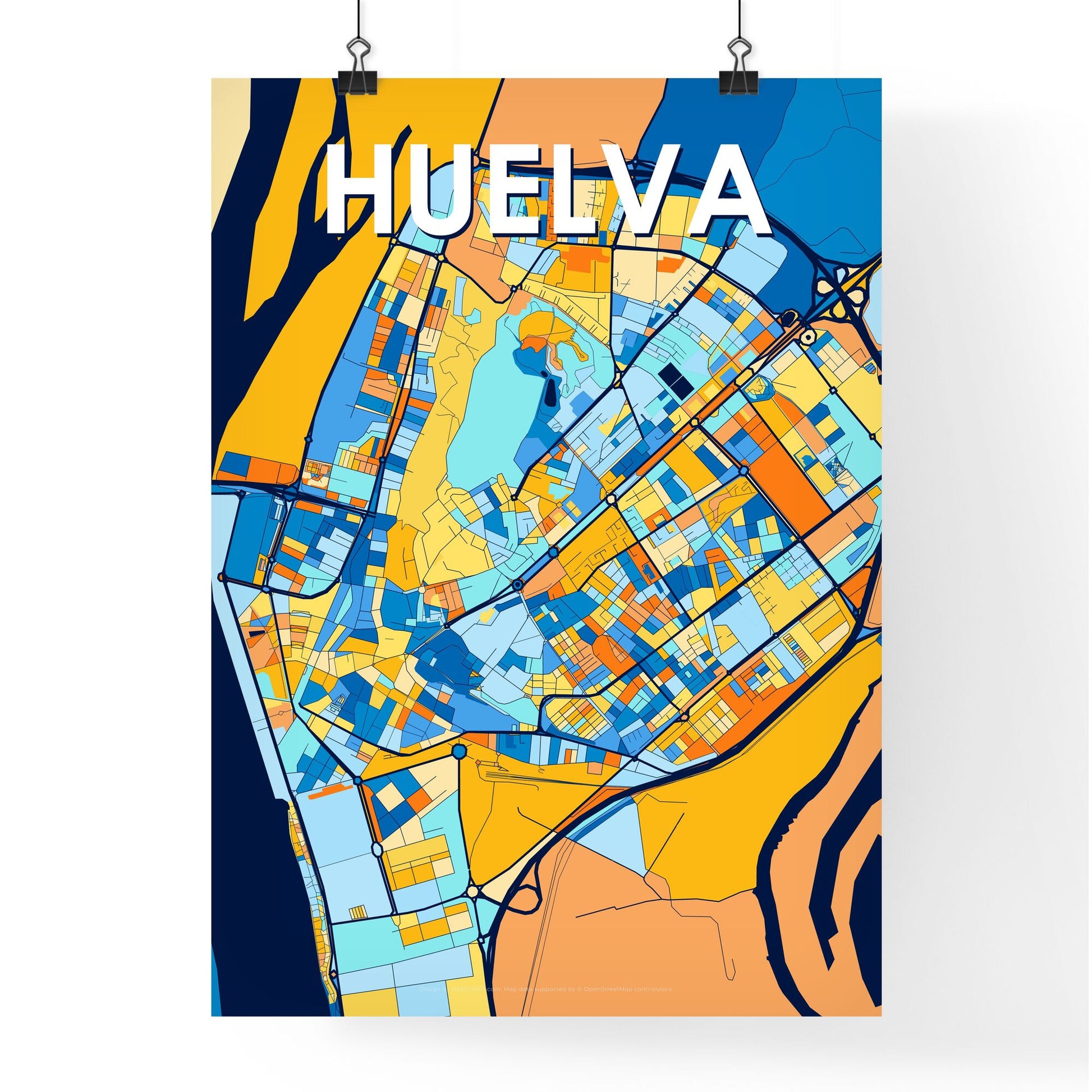 HUELVA SPAIN Vibrant Colorful Art Map Poster Blue Orange