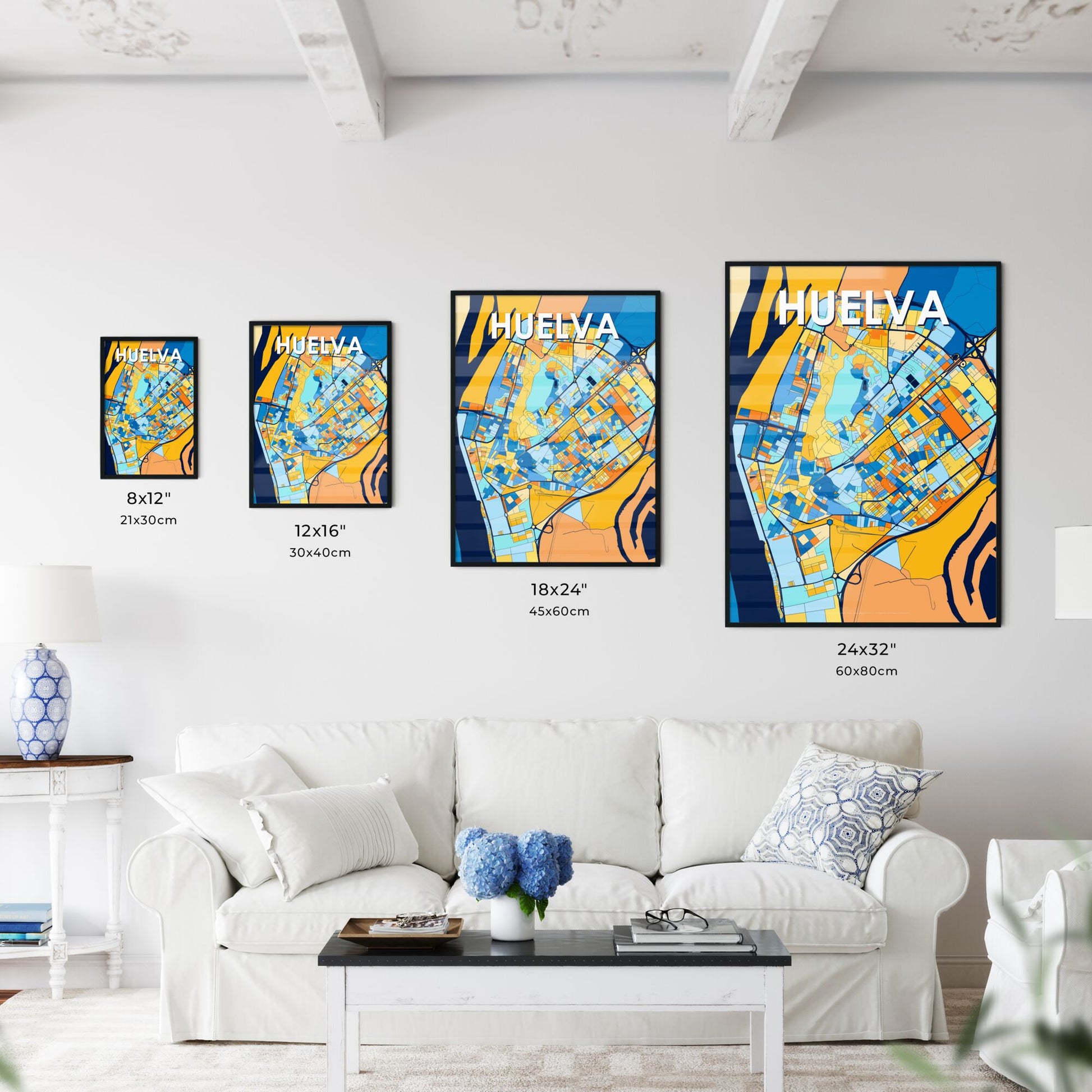 HUELVA SPAIN Vibrant Colorful Art Map Poster Blue Orange