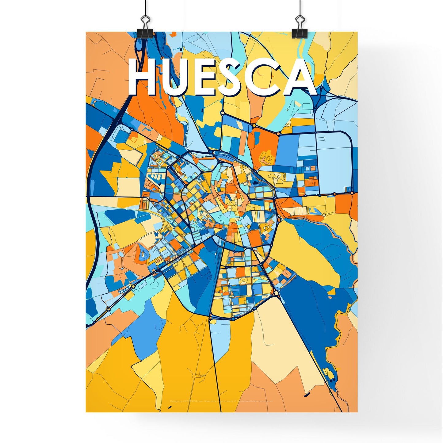 HUESCA SPAIN Vibrant Colorful Art Map Poster Blue Orange