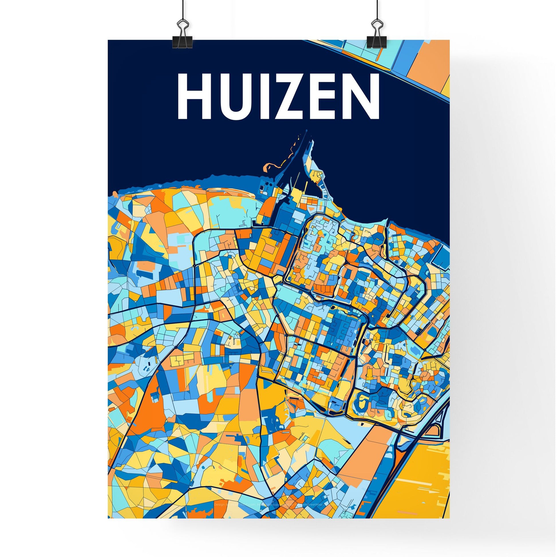 HUIZEN NETHERLANDS Vibrant Colorful Art Map Poster Blue Orange