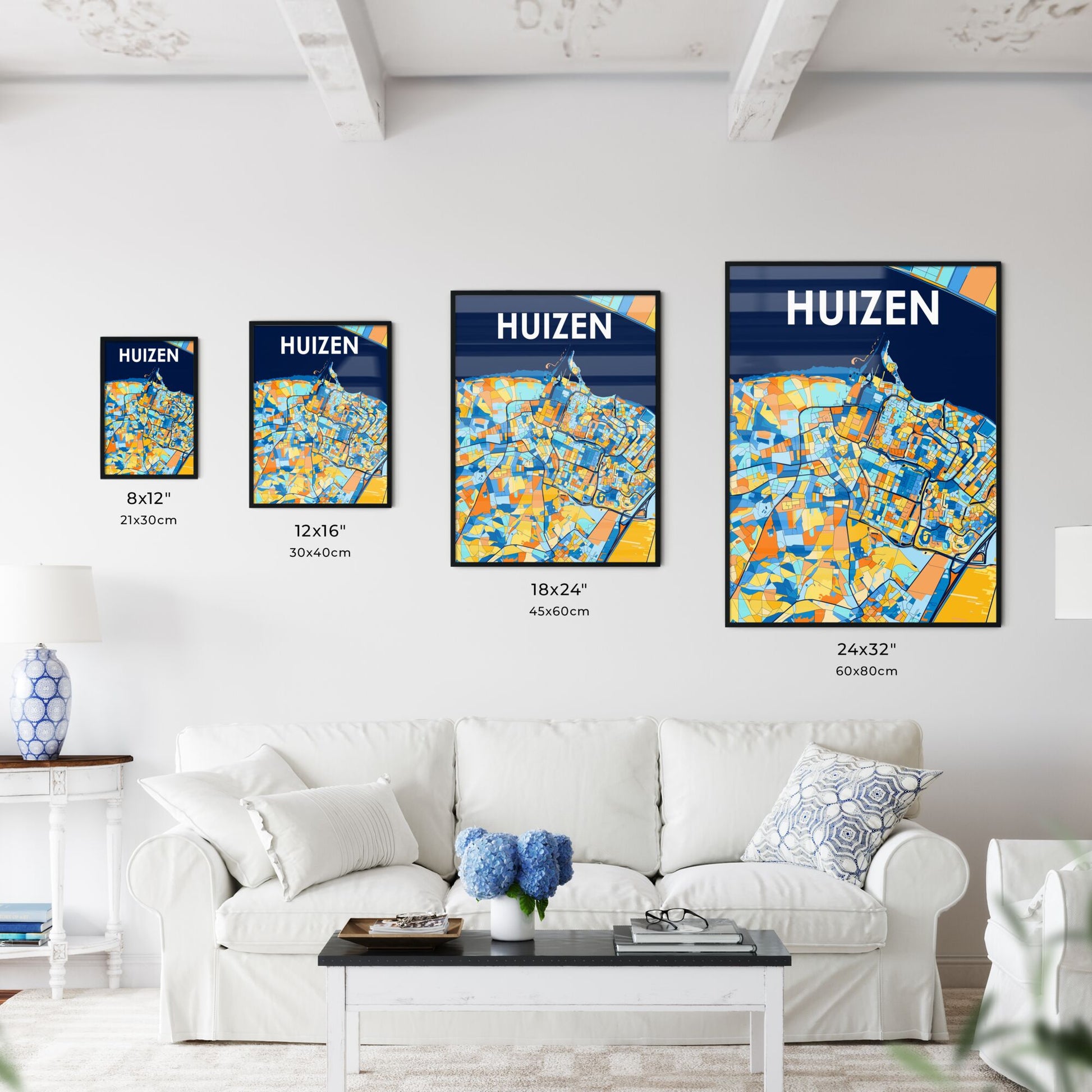 HUIZEN NETHERLANDS Vibrant Colorful Art Map Poster Blue Orange