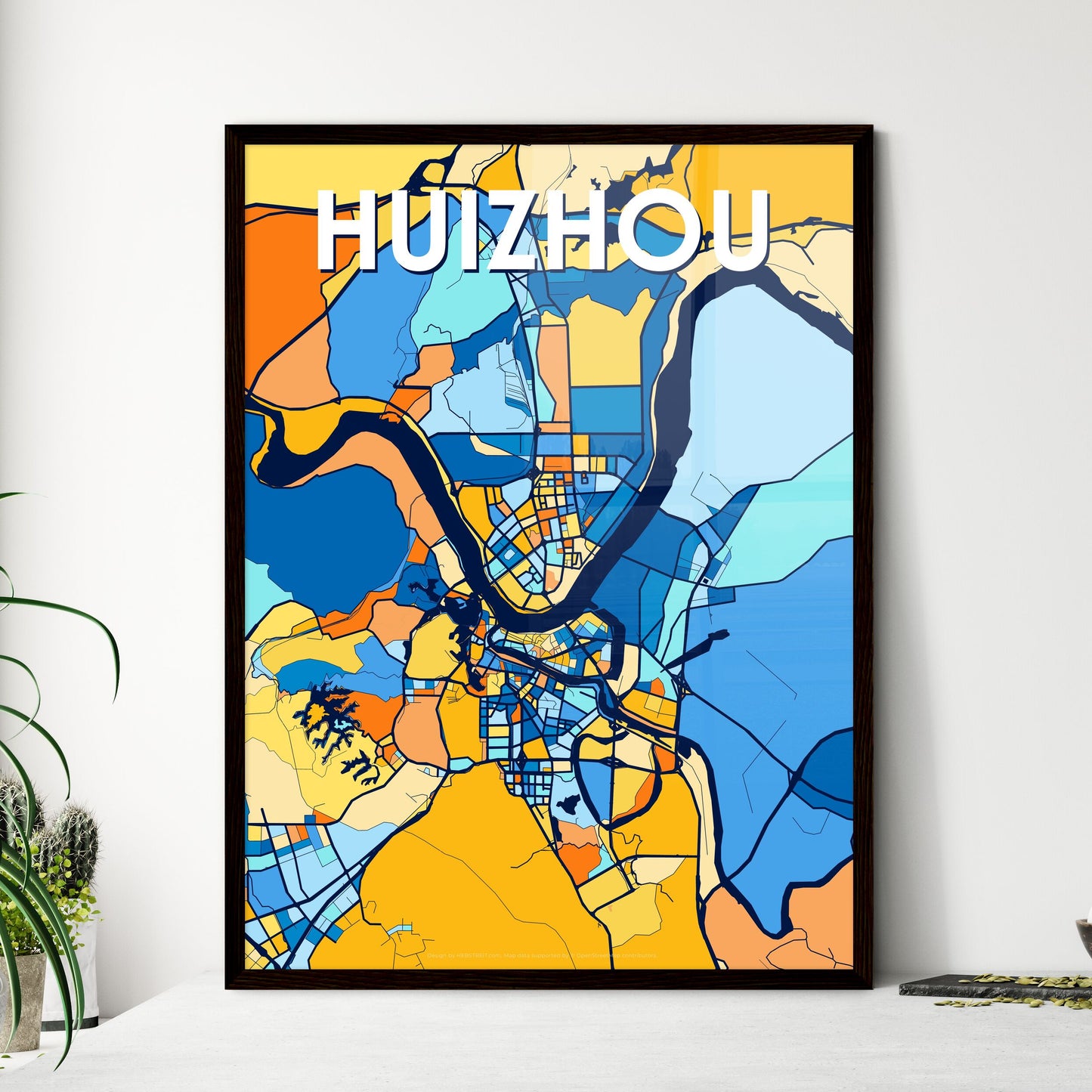 HUIZHOU CHINA Vibrant Colorful Art Map Poster Blue Orange