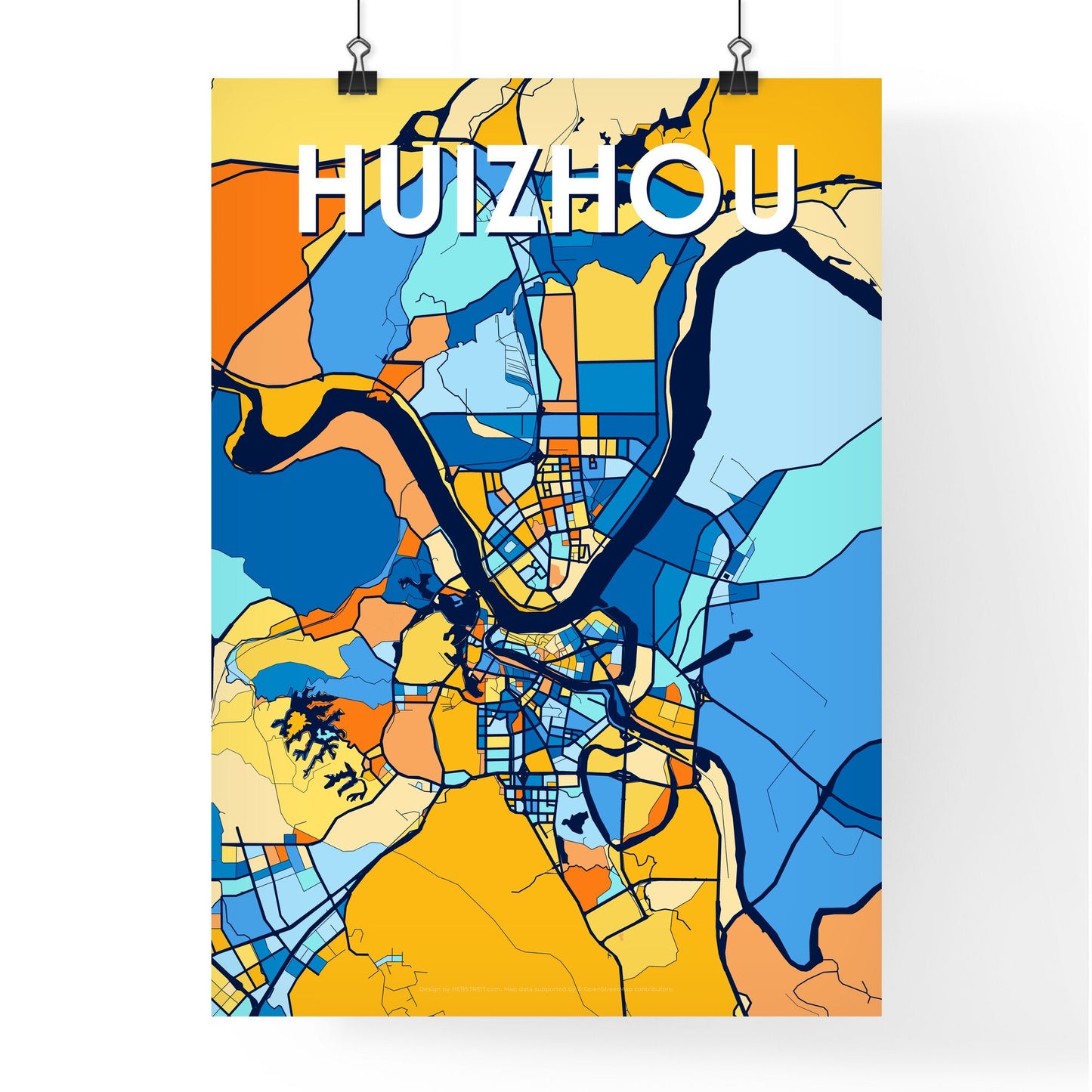 HUIZHOU CHINA Vibrant Colorful Art Map Poster Blue Orange