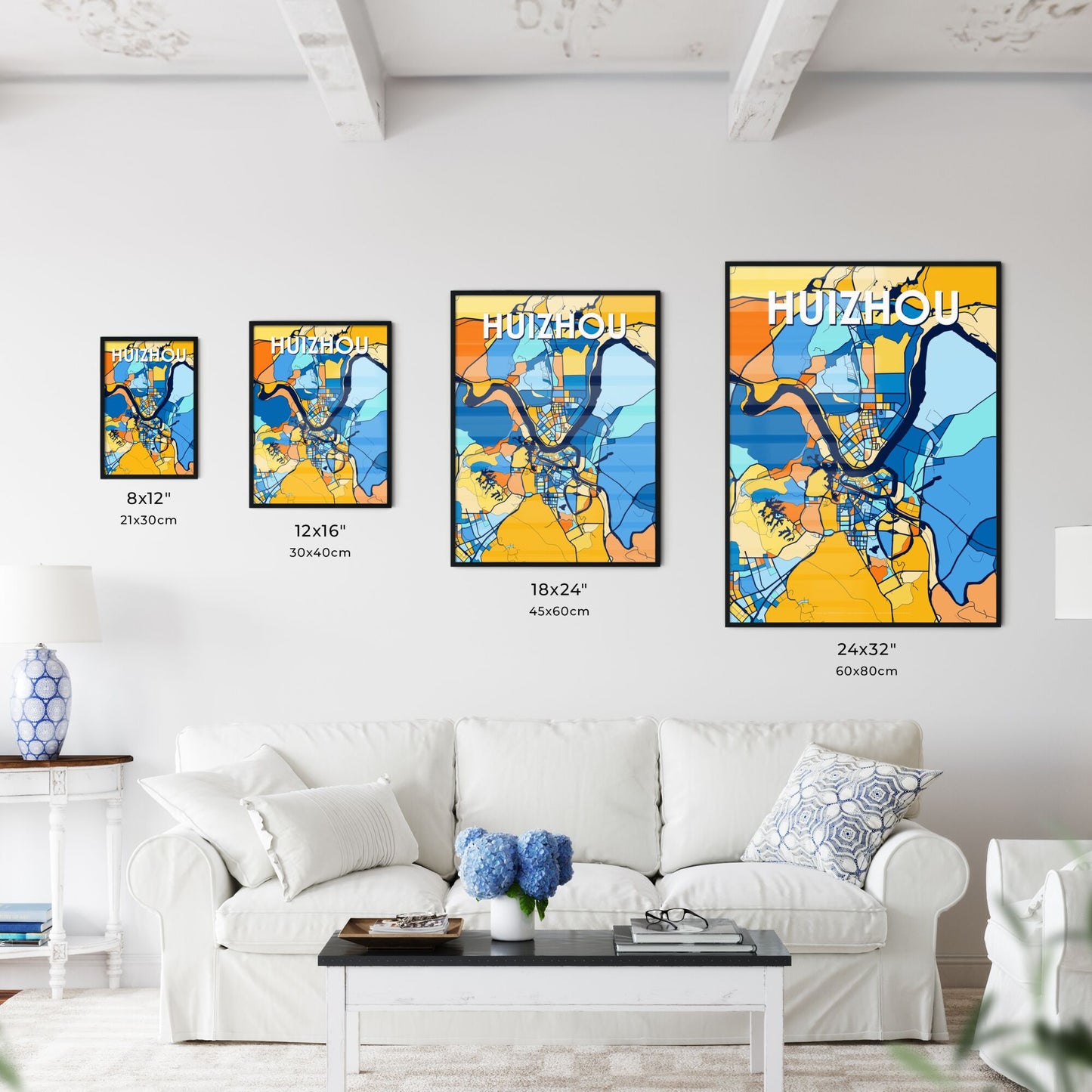 HUIZHOU CHINA Vibrant Colorful Art Map Poster Blue Orange