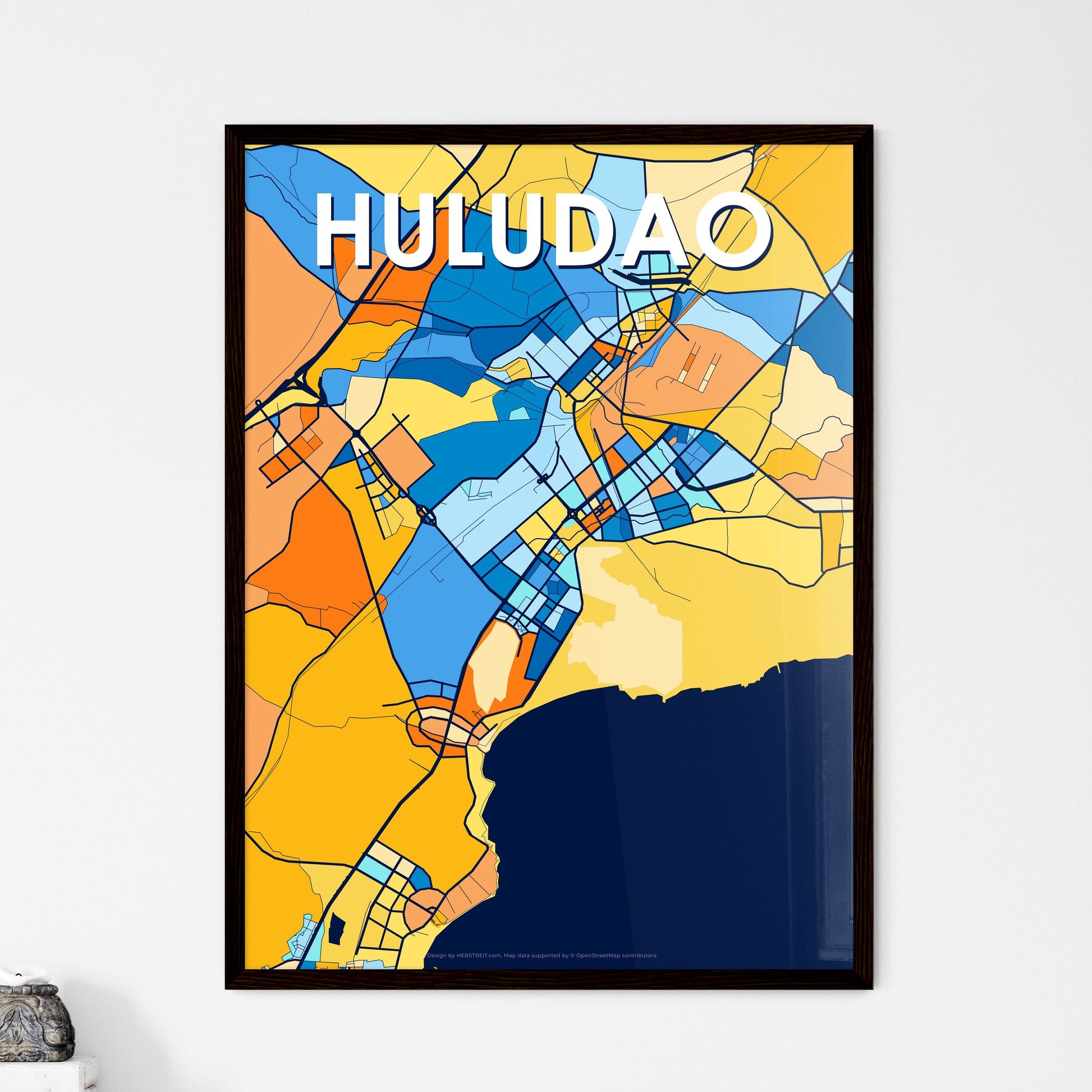 HULUDAO CHINA Vibrant Colorful Art Map Poster Blue Orange