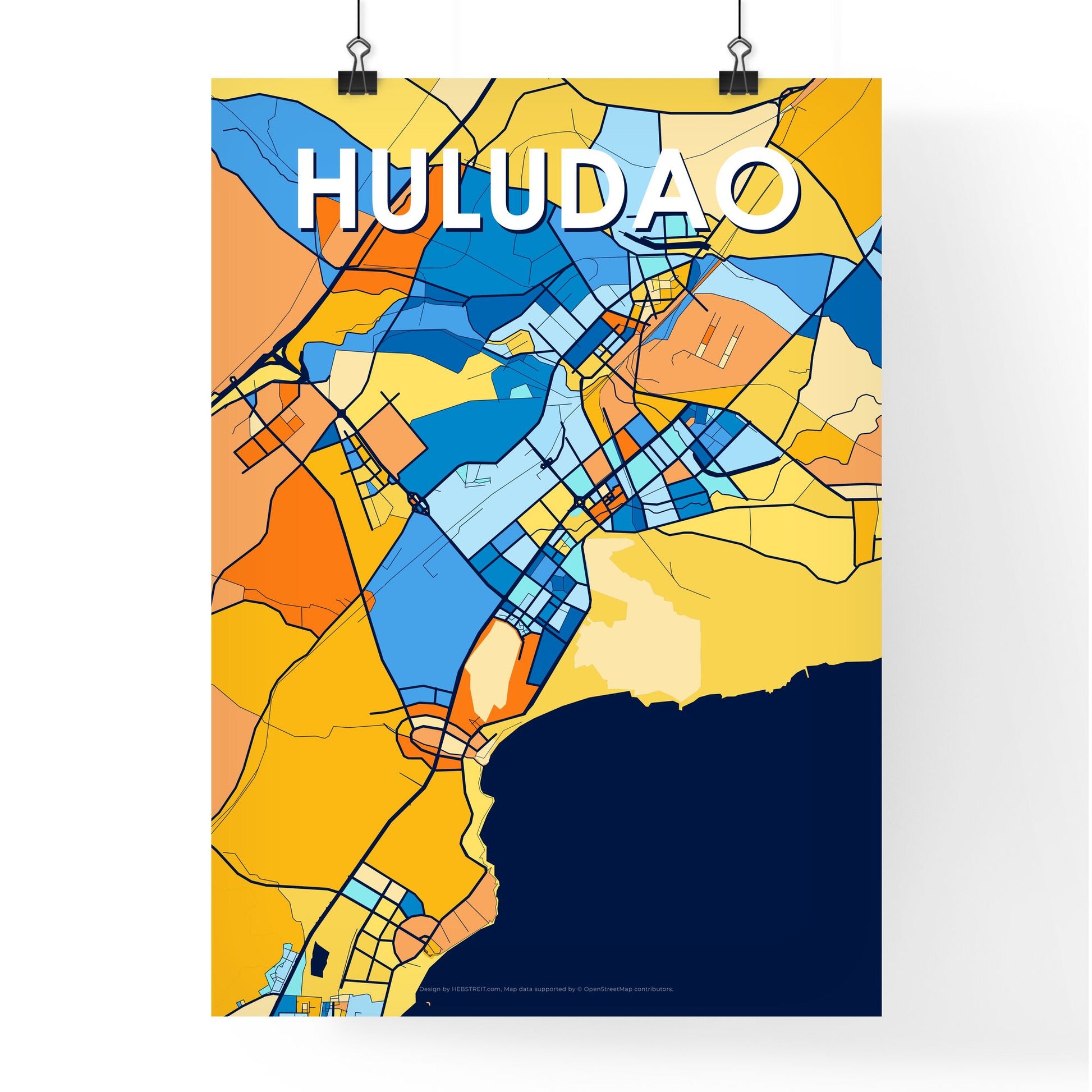 HULUDAO CHINA Vibrant Colorful Art Map Poster Blue Orange