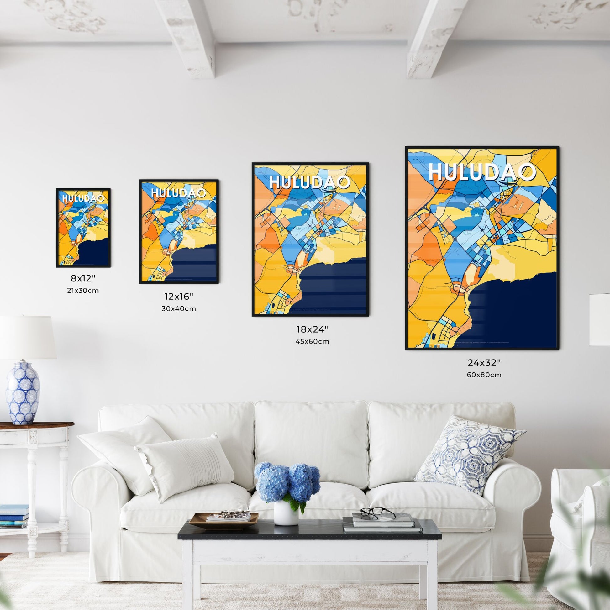 HULUDAO CHINA Vibrant Colorful Art Map Poster Blue Orange