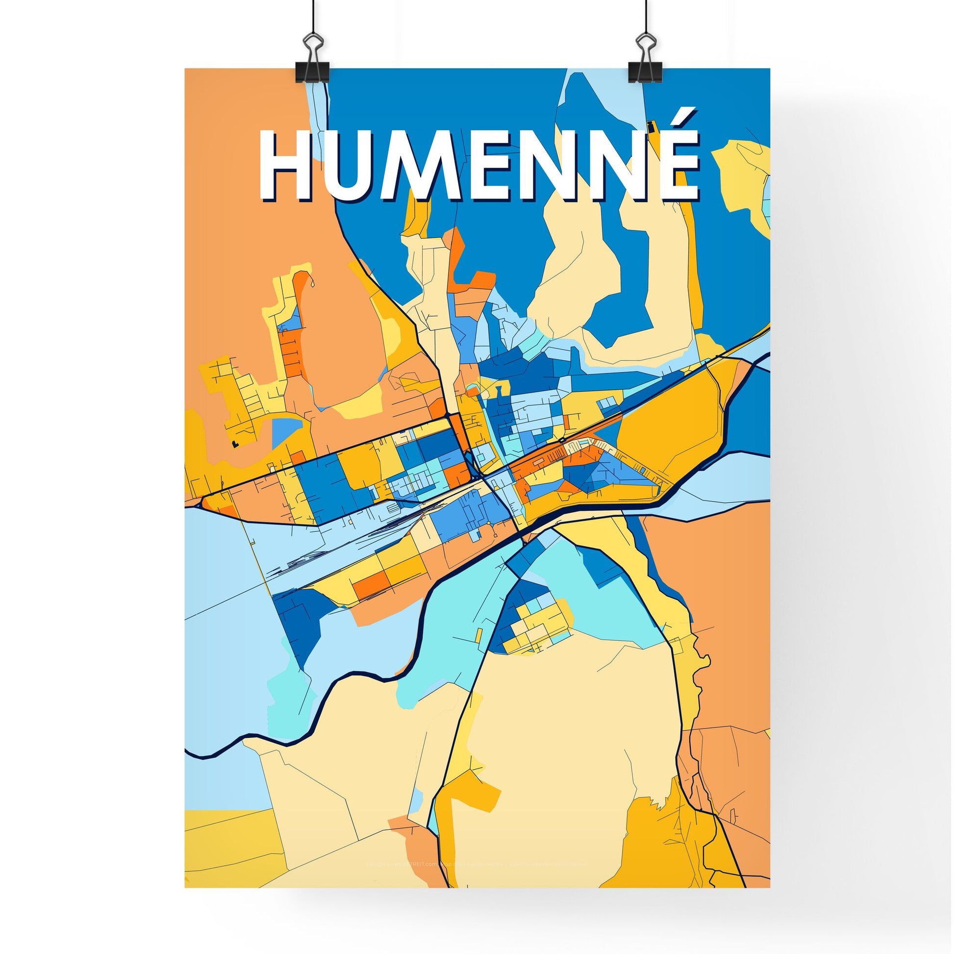 HUMENNÉ SLOVAKIA Vibrant Colorful Art Map Poster Blue Orange