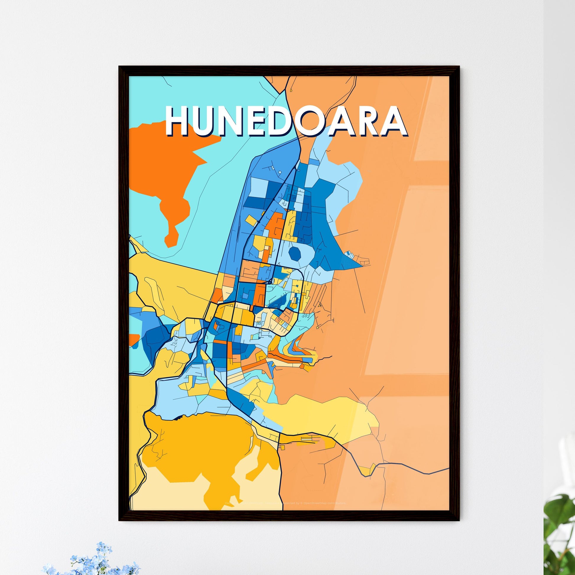 HUNEDOARA ROMANIA Vibrant Colorful Art Map Poster Blue Orange