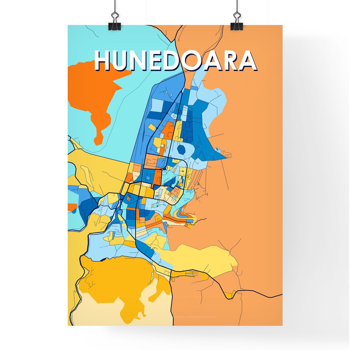 HUNEDOARA ROMANIA Vibrant Colorful Art Map Poster Blue Orange