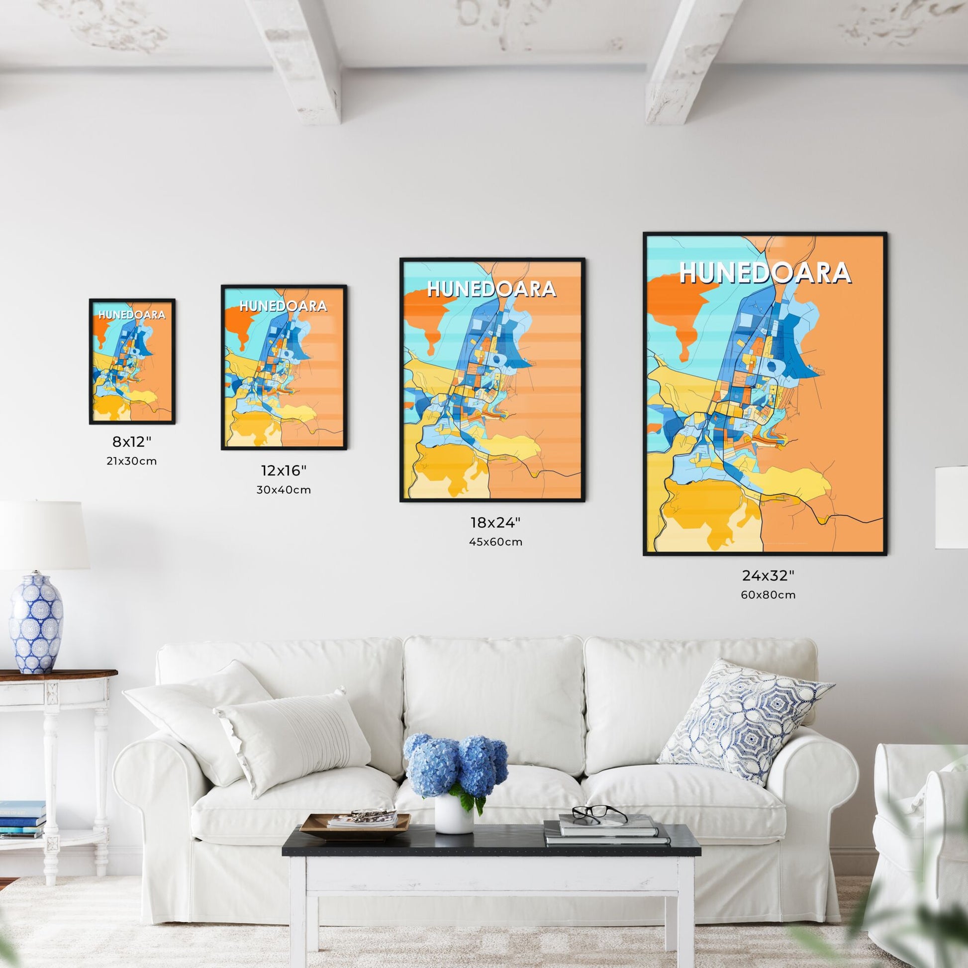 HUNEDOARA ROMANIA Vibrant Colorful Art Map Poster Blue Orange