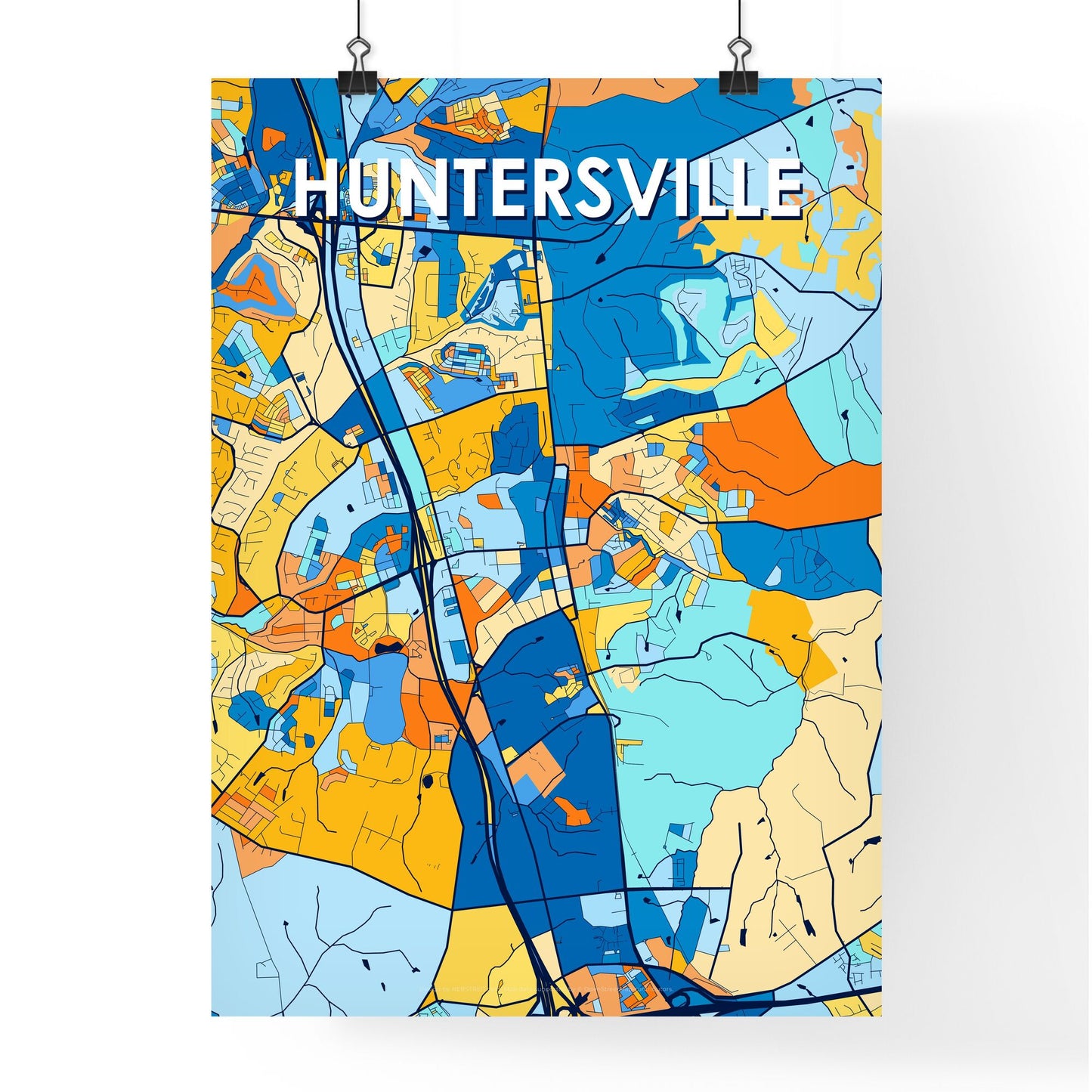 HUNTERSVILLE NORTH CAROLINA Vibrant Colorful Art Map Poster Blue Orange