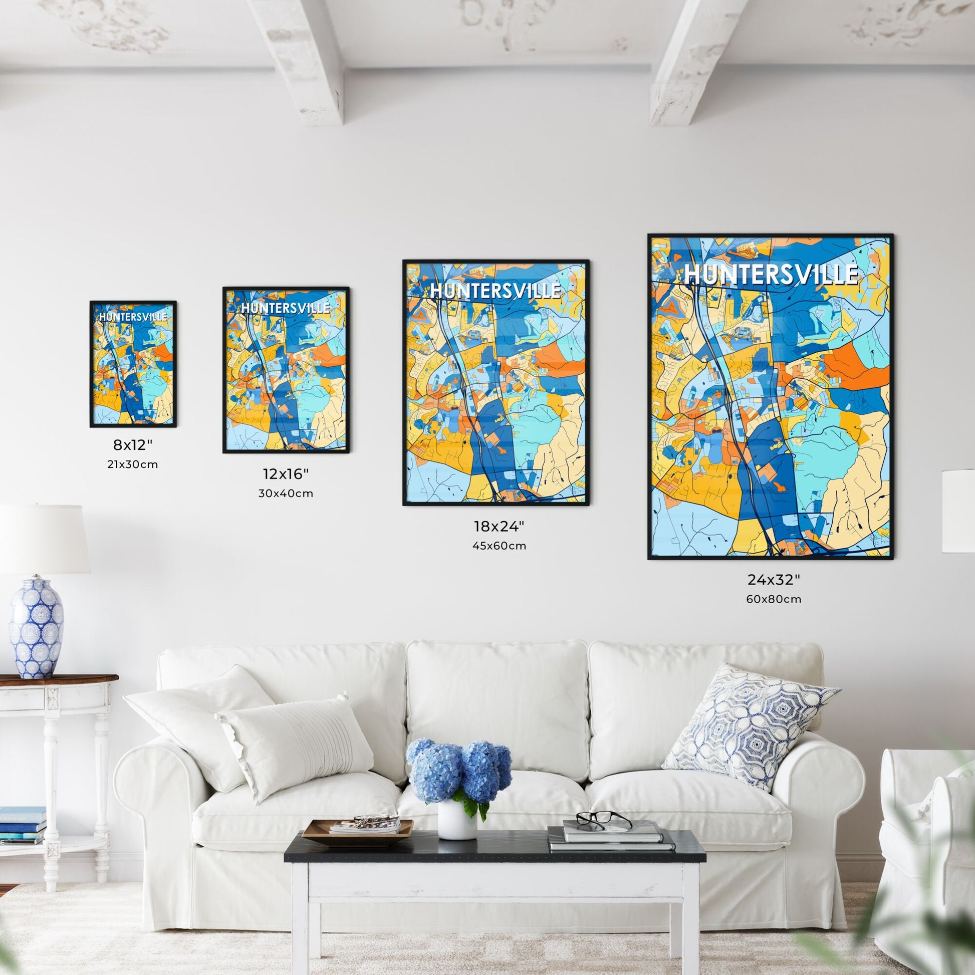 HUNTERSVILLE NORTH CAROLINA Vibrant Colorful Art Map Poster Blue Orange