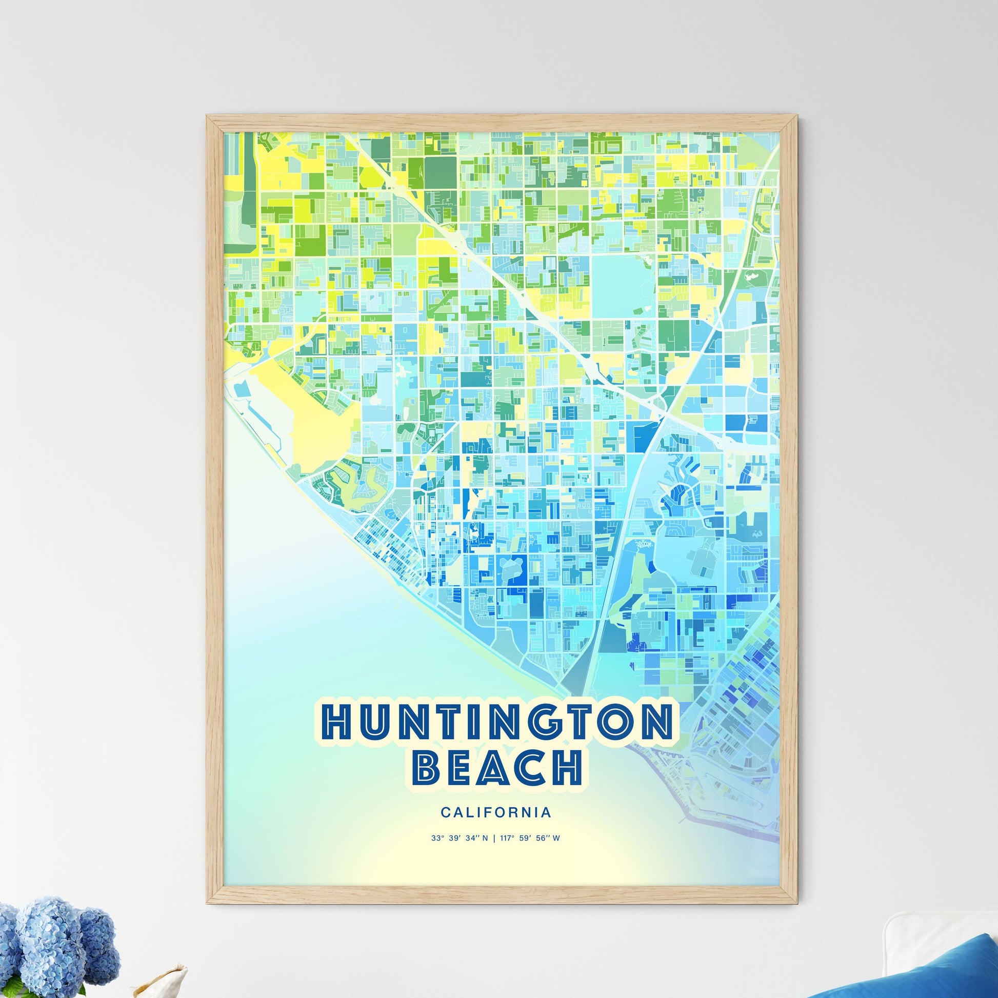 Colorful Huntington Beach California Fine Art Map Cool Blue